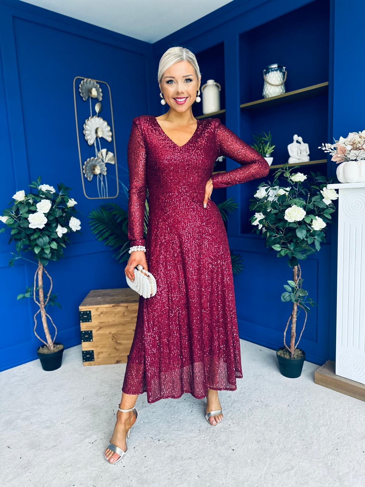 Emily Sequin Occasion Dress Burgundy