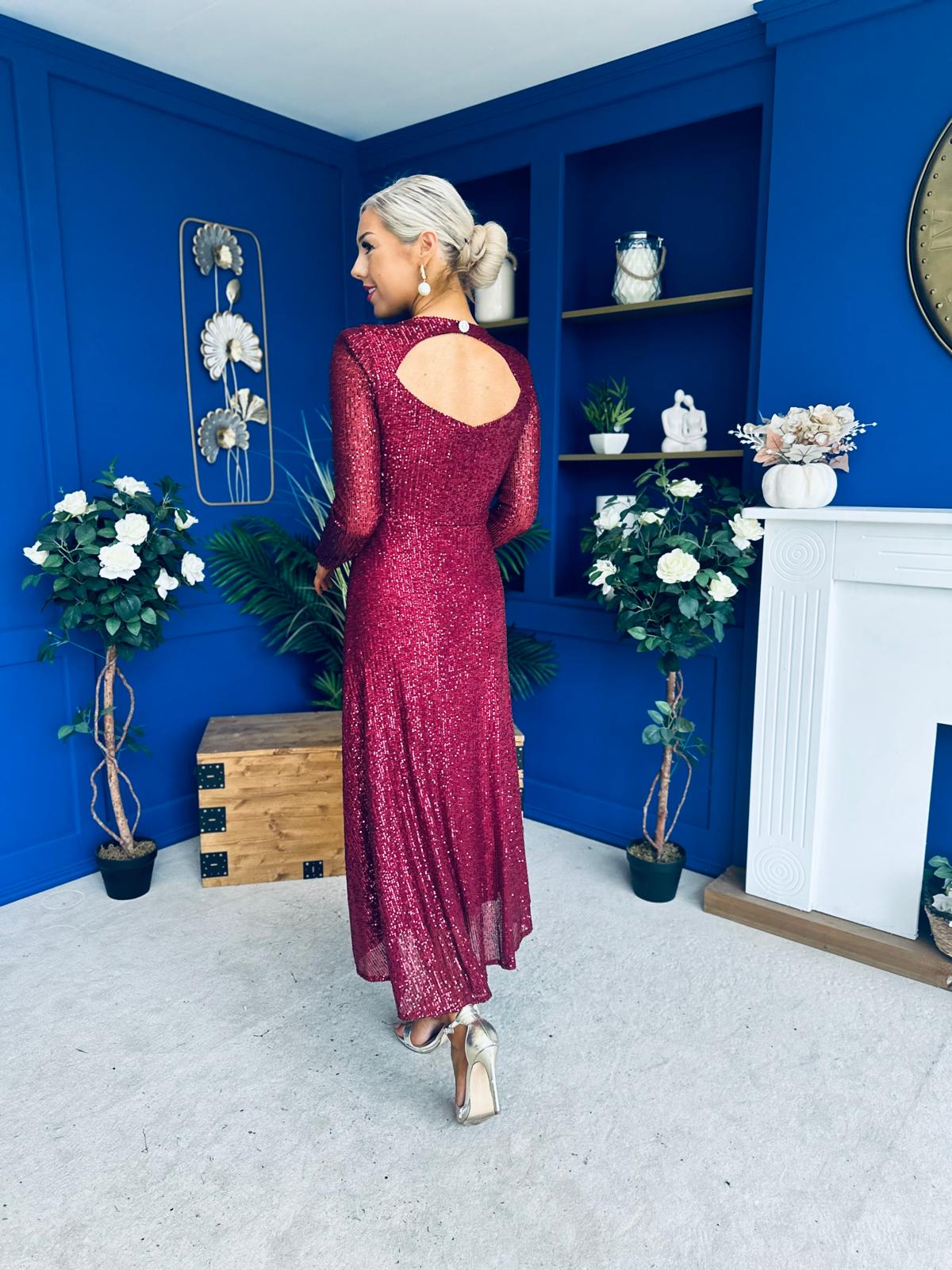 Emily Sequin Occasion Dress Burgundy