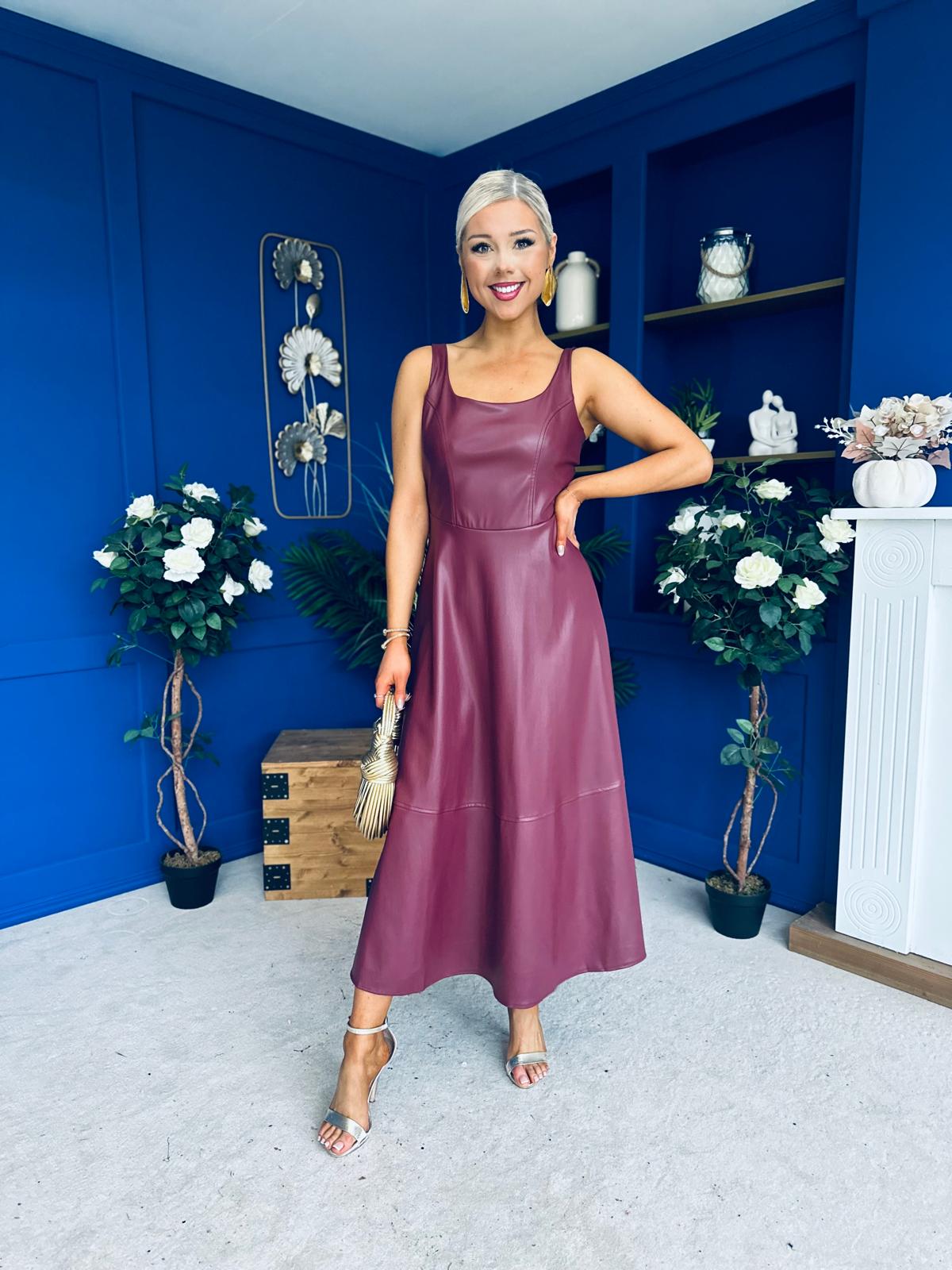 Yasmin Leatherette Occasion Midi Dress Wine