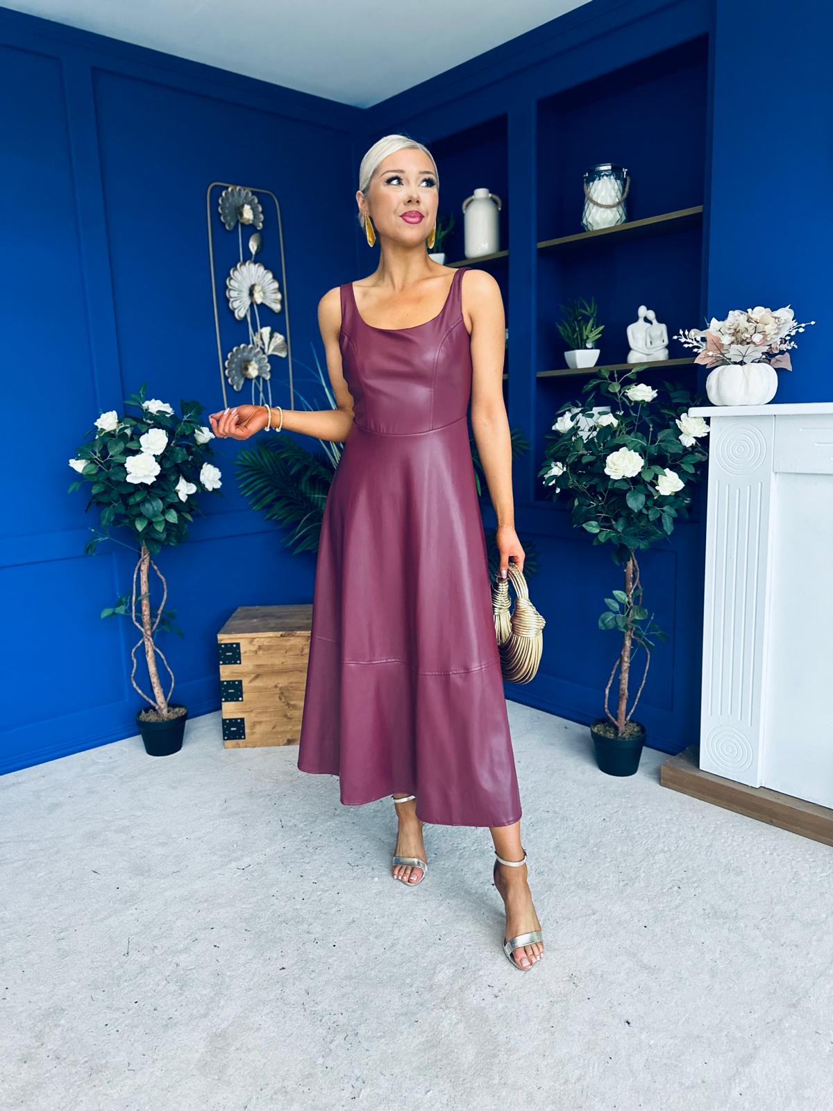 Yasmin Leatherette Occasion Midi Dress Wine