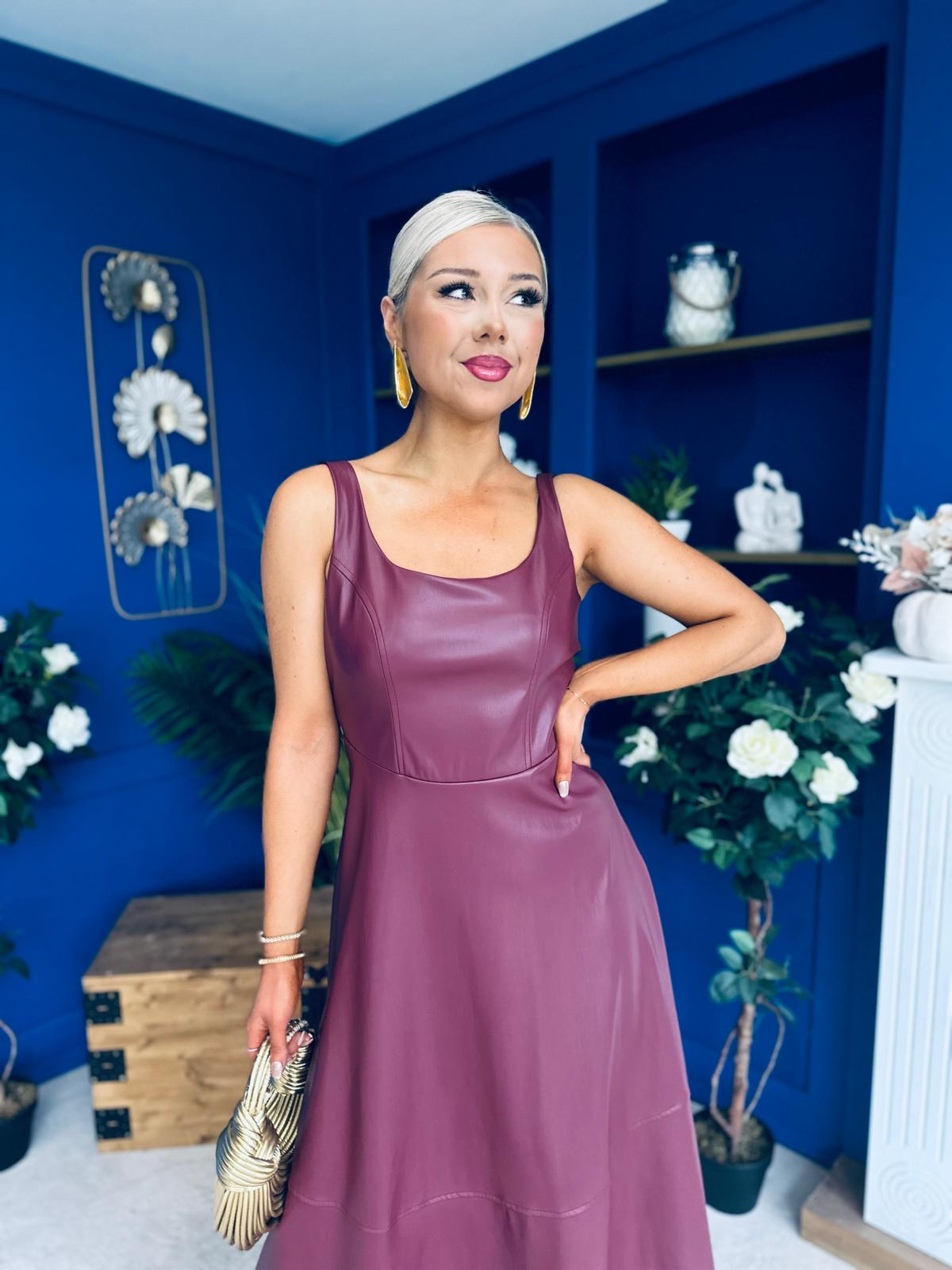 Yasmin Leatherette Occasion Midi Dress Wine