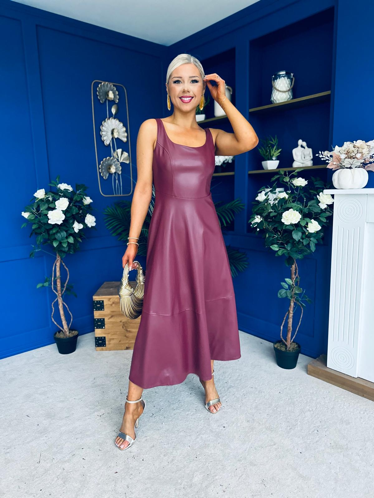 Yasmin Leatherette Occasion Midi Dress Wine