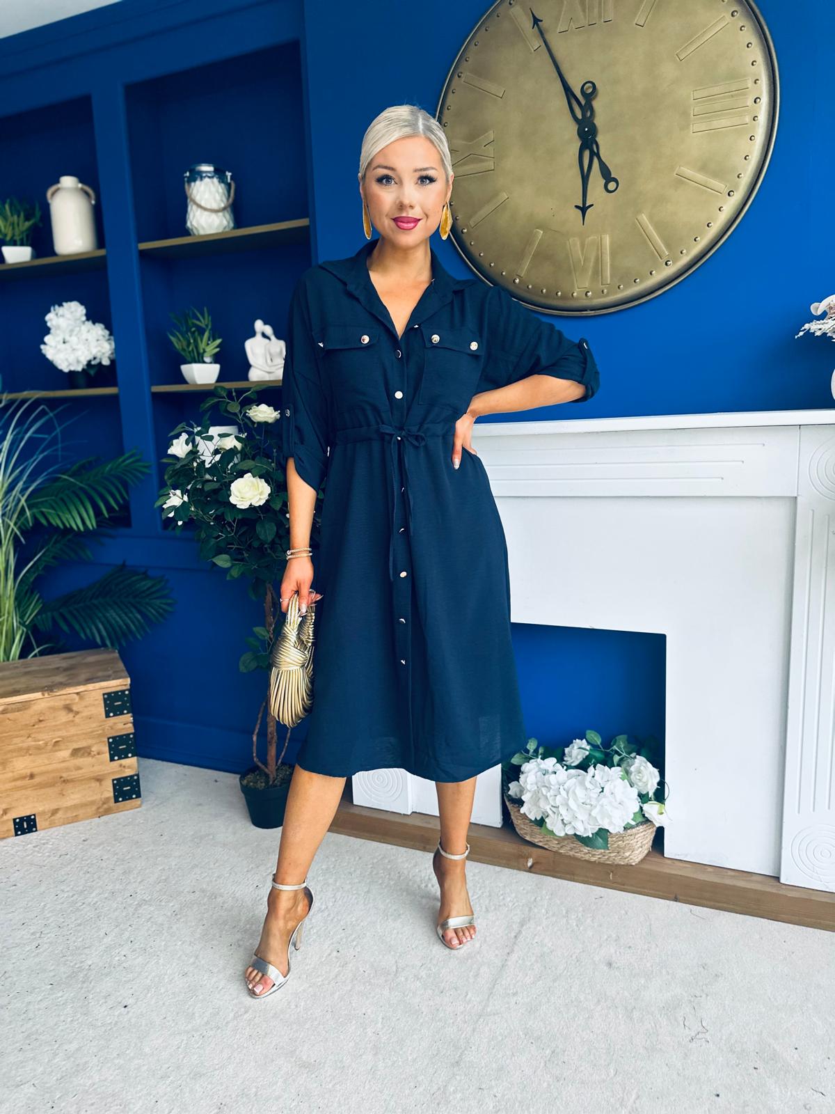 Kallie Button Detail Midi Dress Navy