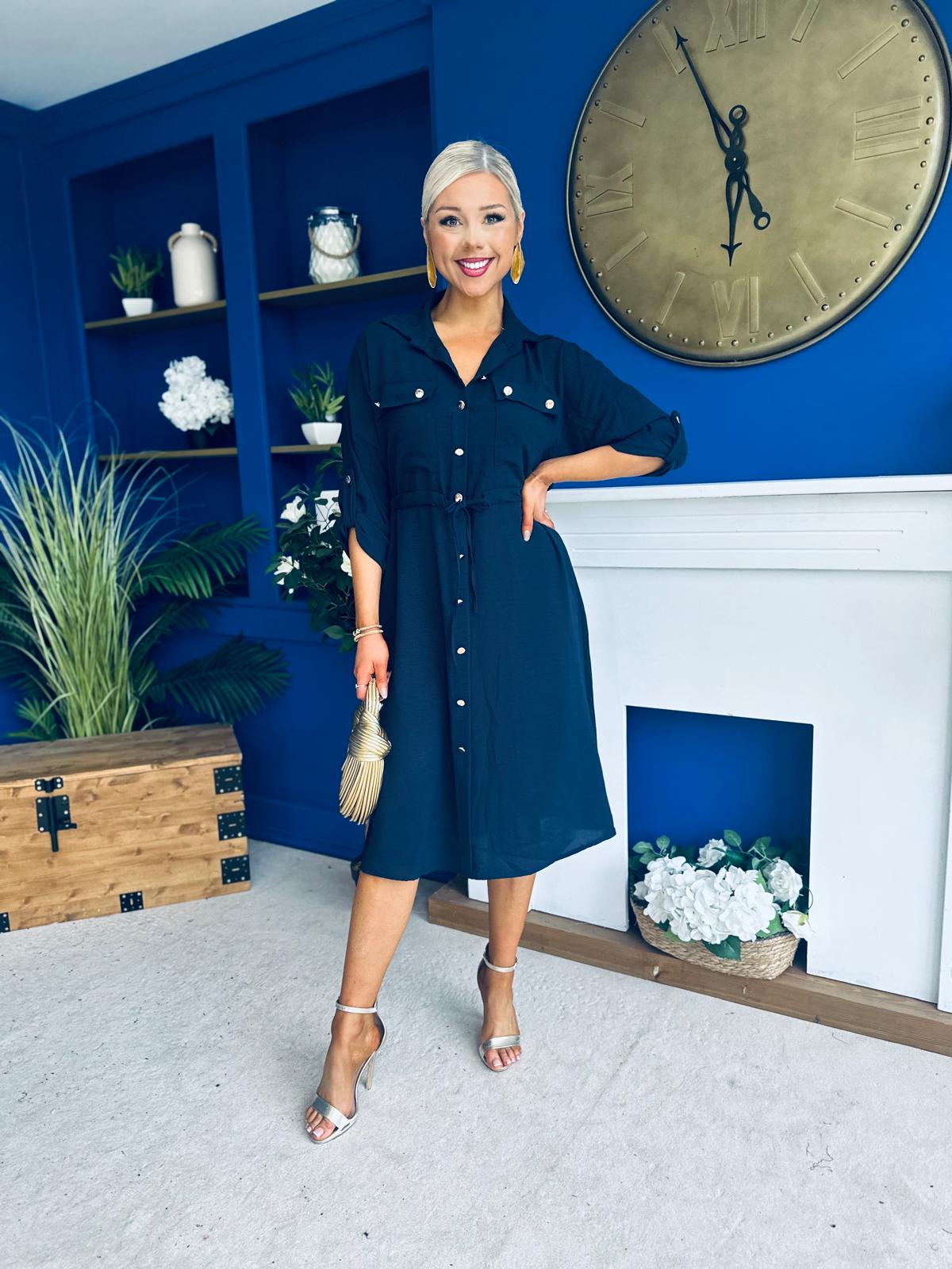 Kallie Button Detail Midi Dress Navy