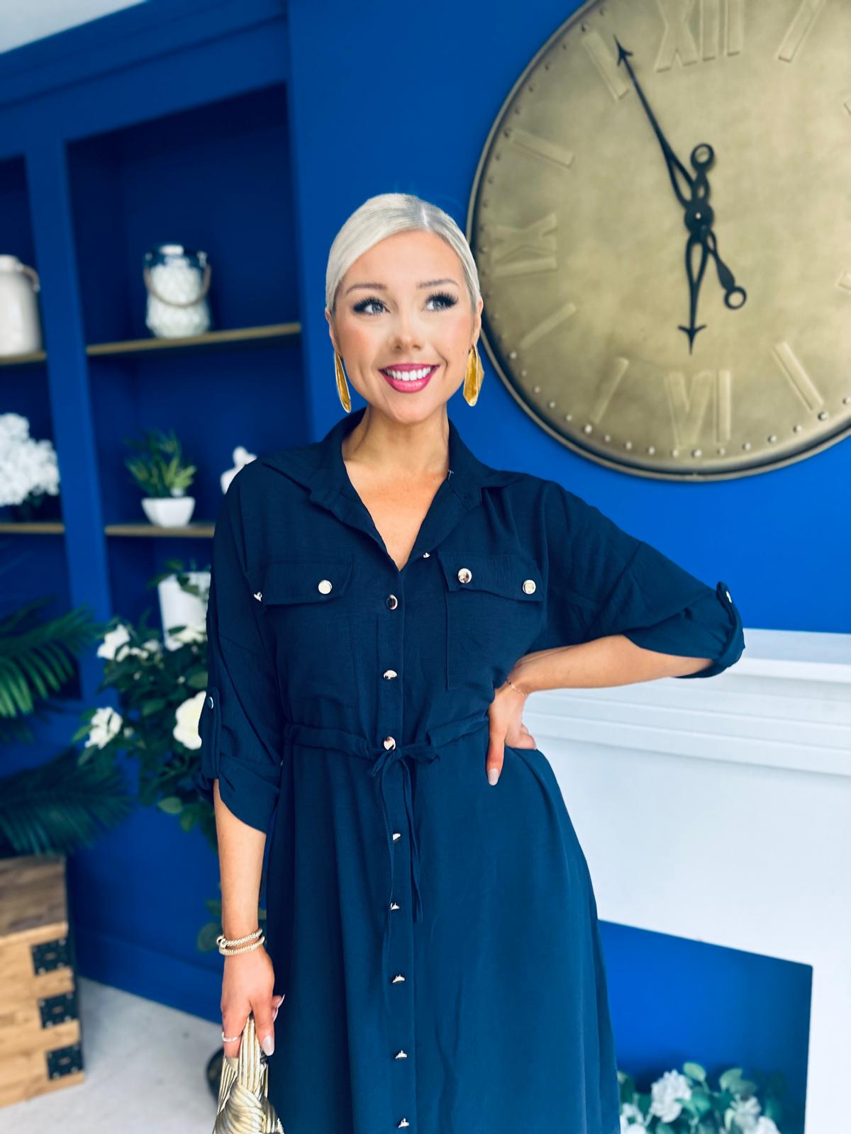 Kallie Button Detail Midi Dress Navy