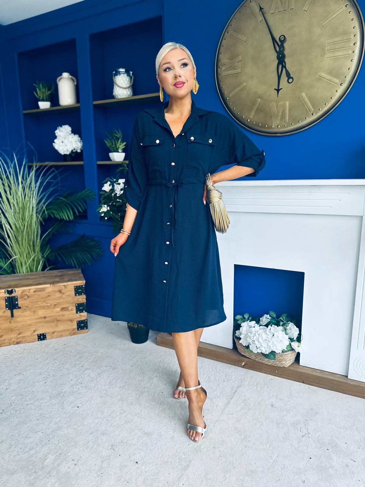 Kallie Button Detail Midi Dress Navy