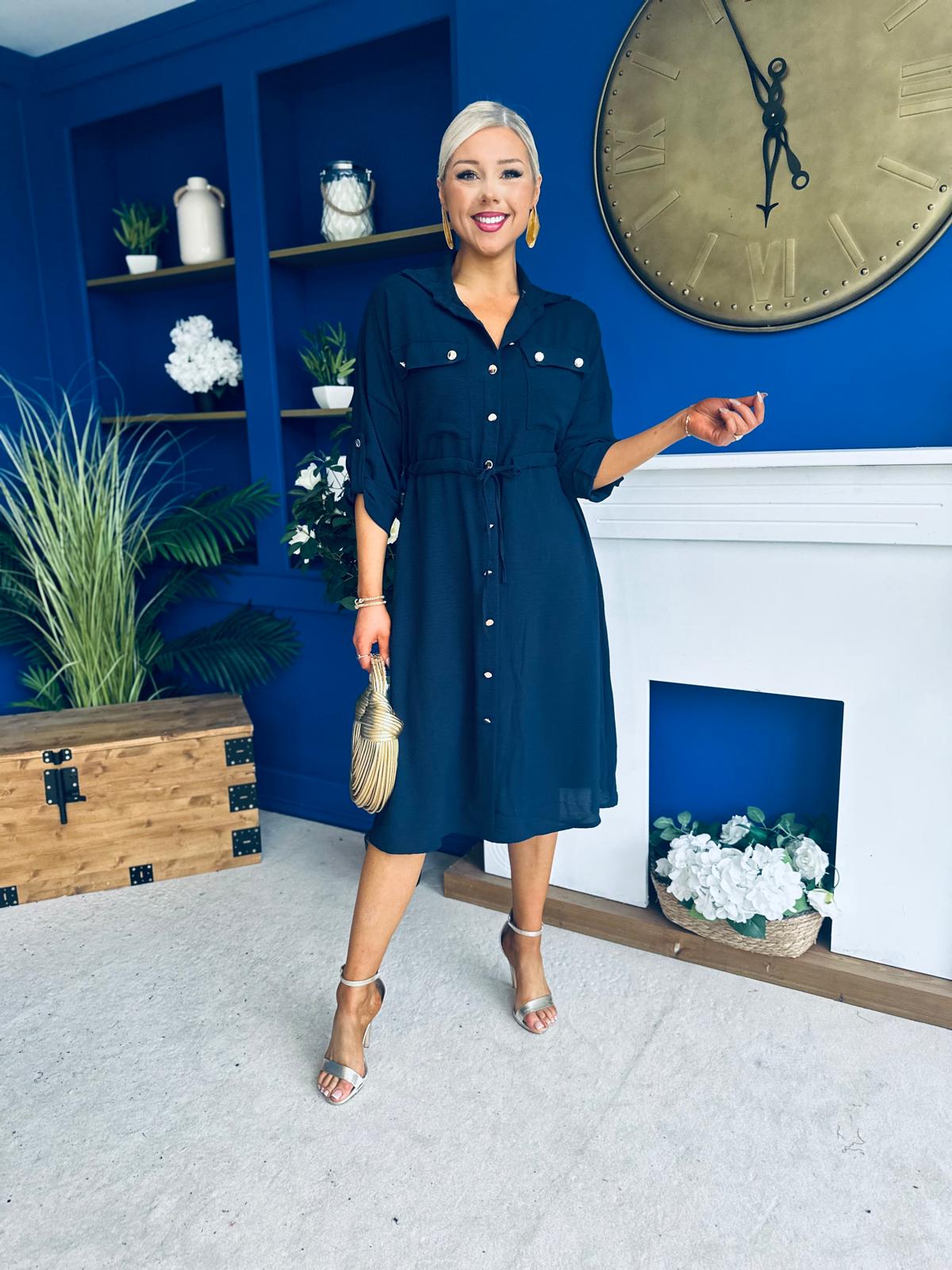 Kallie Button Detail Midi Dress Navy