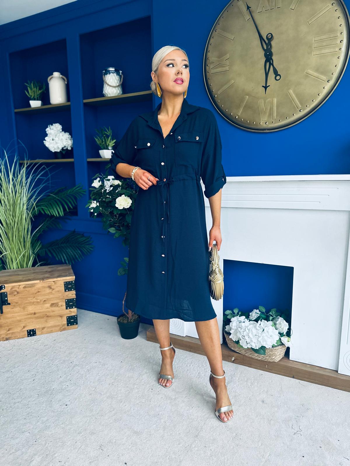 Kallie Button Detail Midi Dress Navy