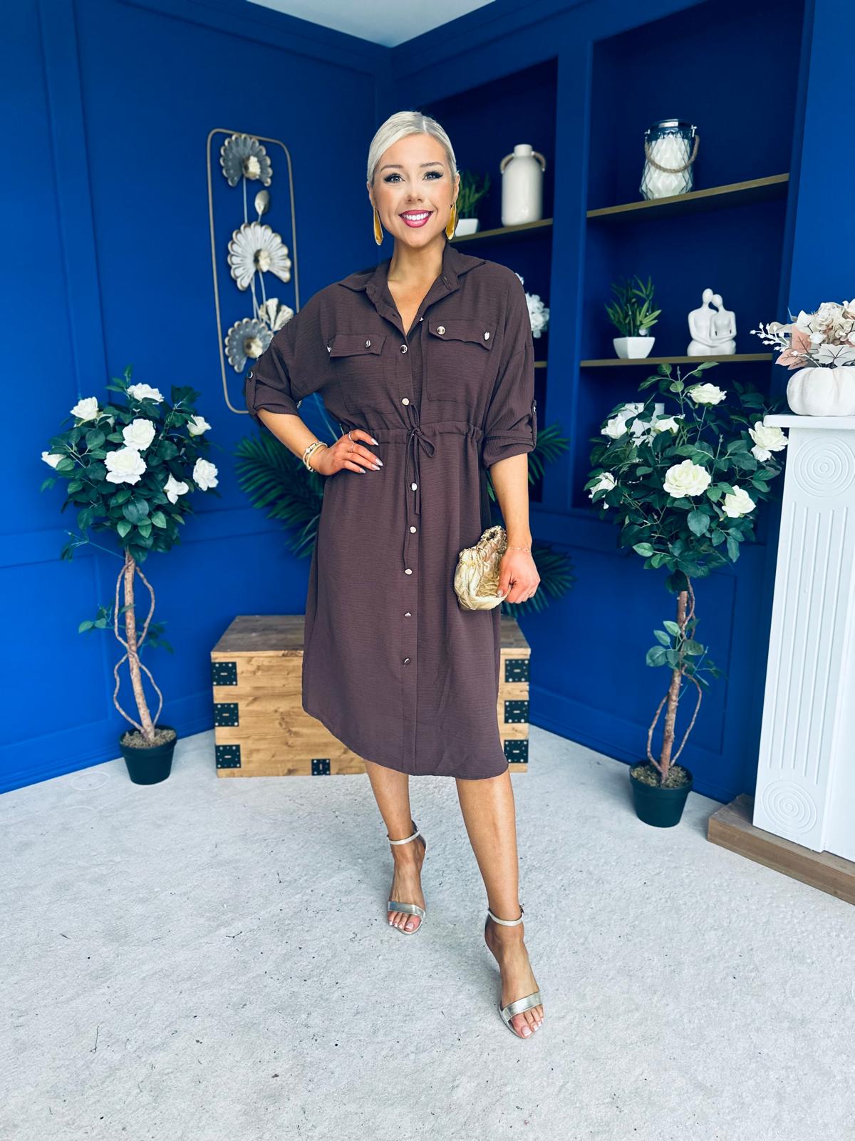 Kallie Button Detail Midi Dress Chocolate