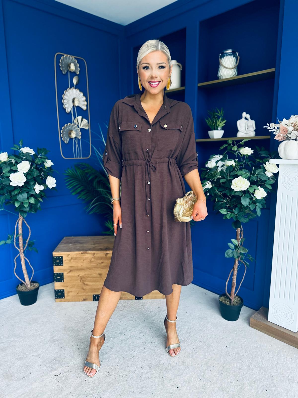 Kallie Button Detail Midi Dress Chocolate