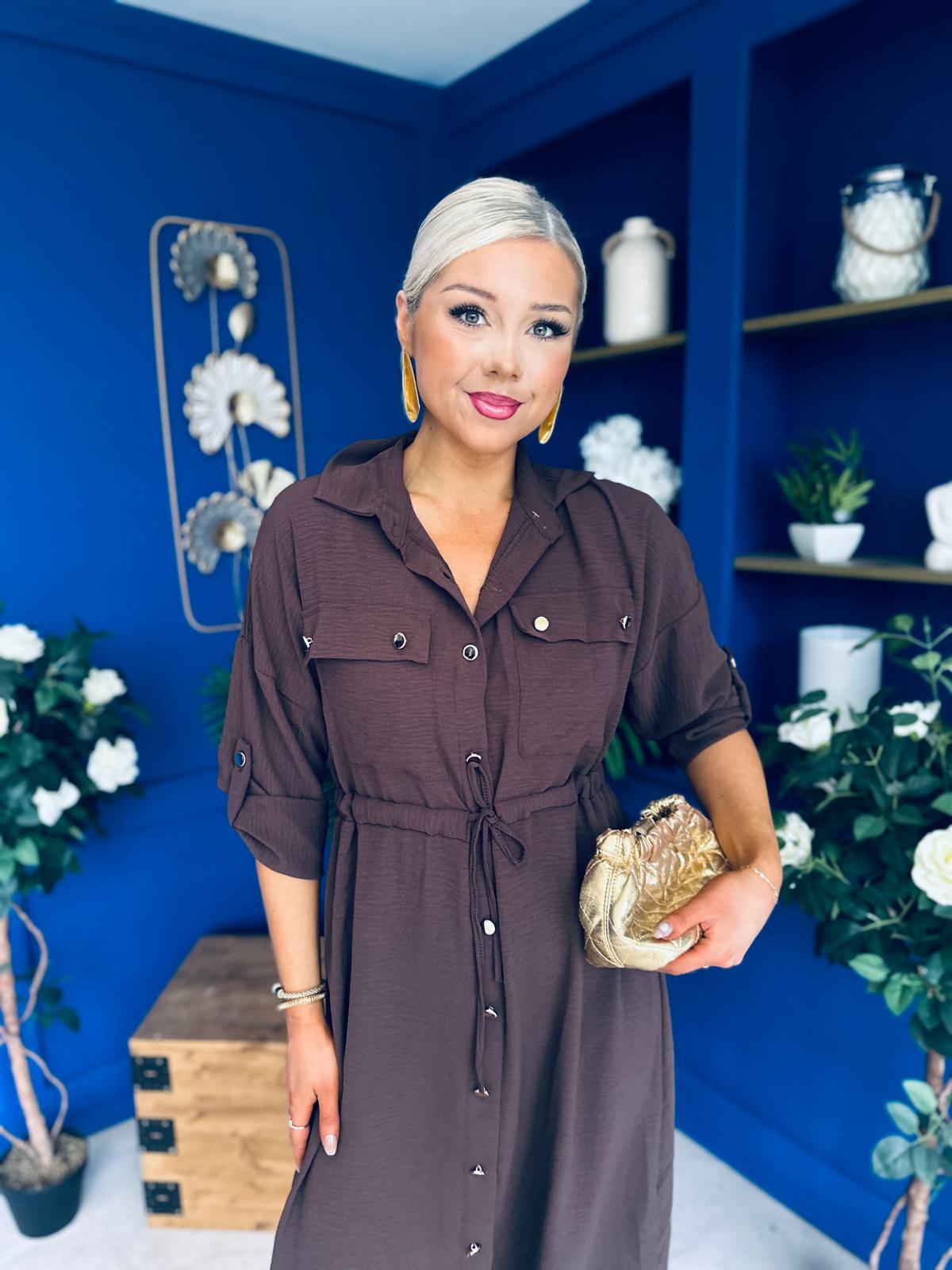 Kallie Button Detail Midi Dress Chocolate