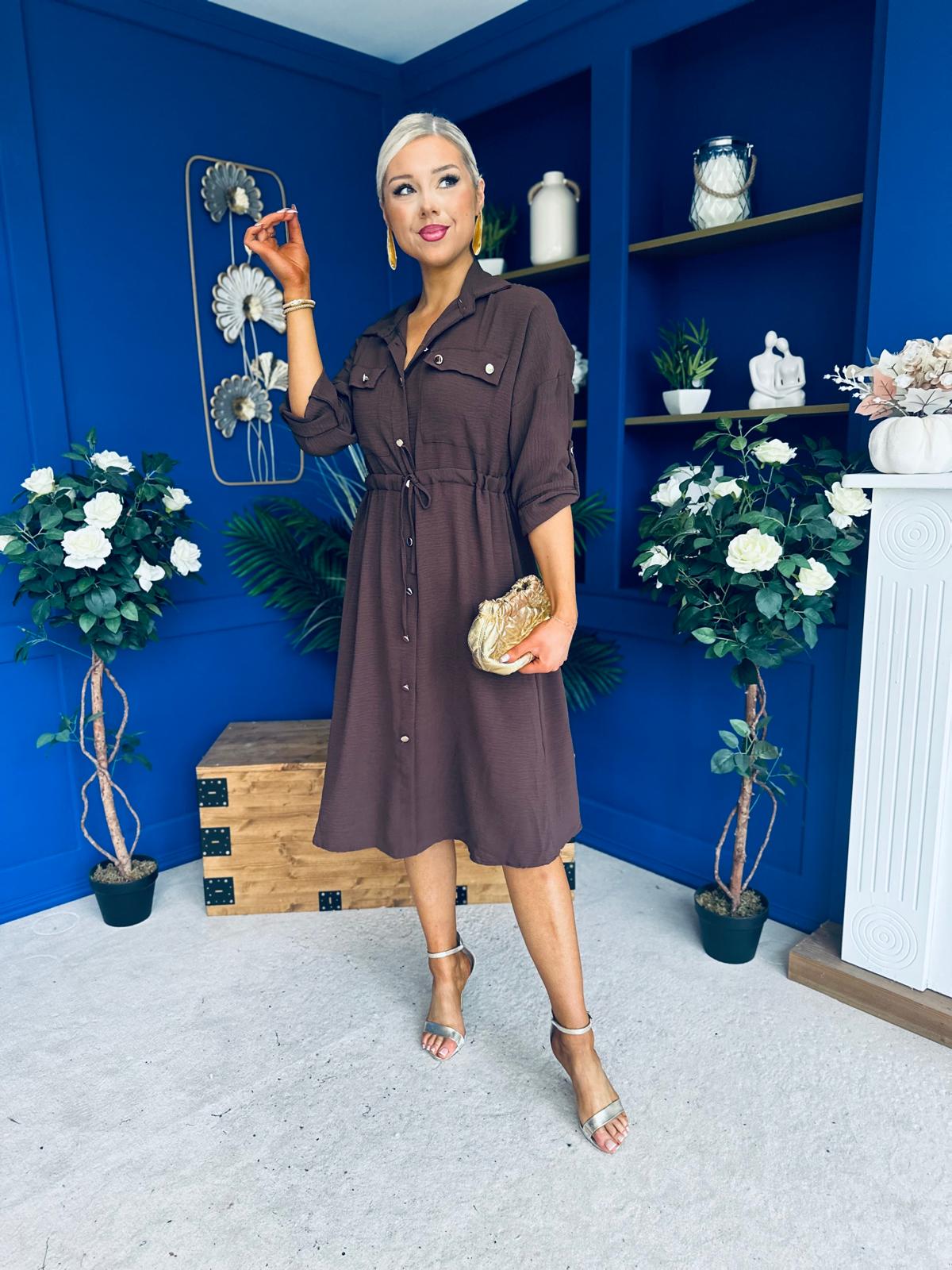 Kallie Button Detail Midi Dress Chocolate