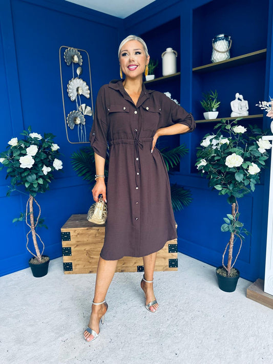 Kallie Button Detail Midi Dress Chocolate