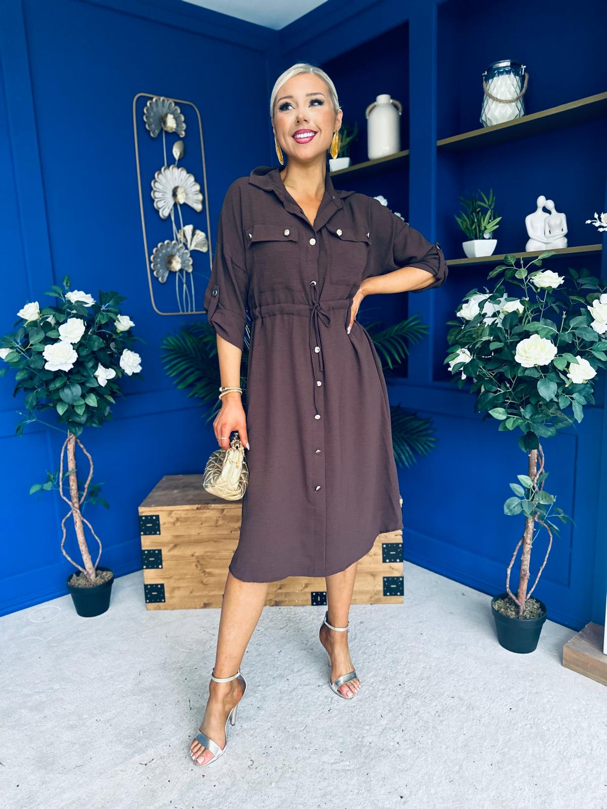 Kallie Button Detail Midi Dress Chocolate