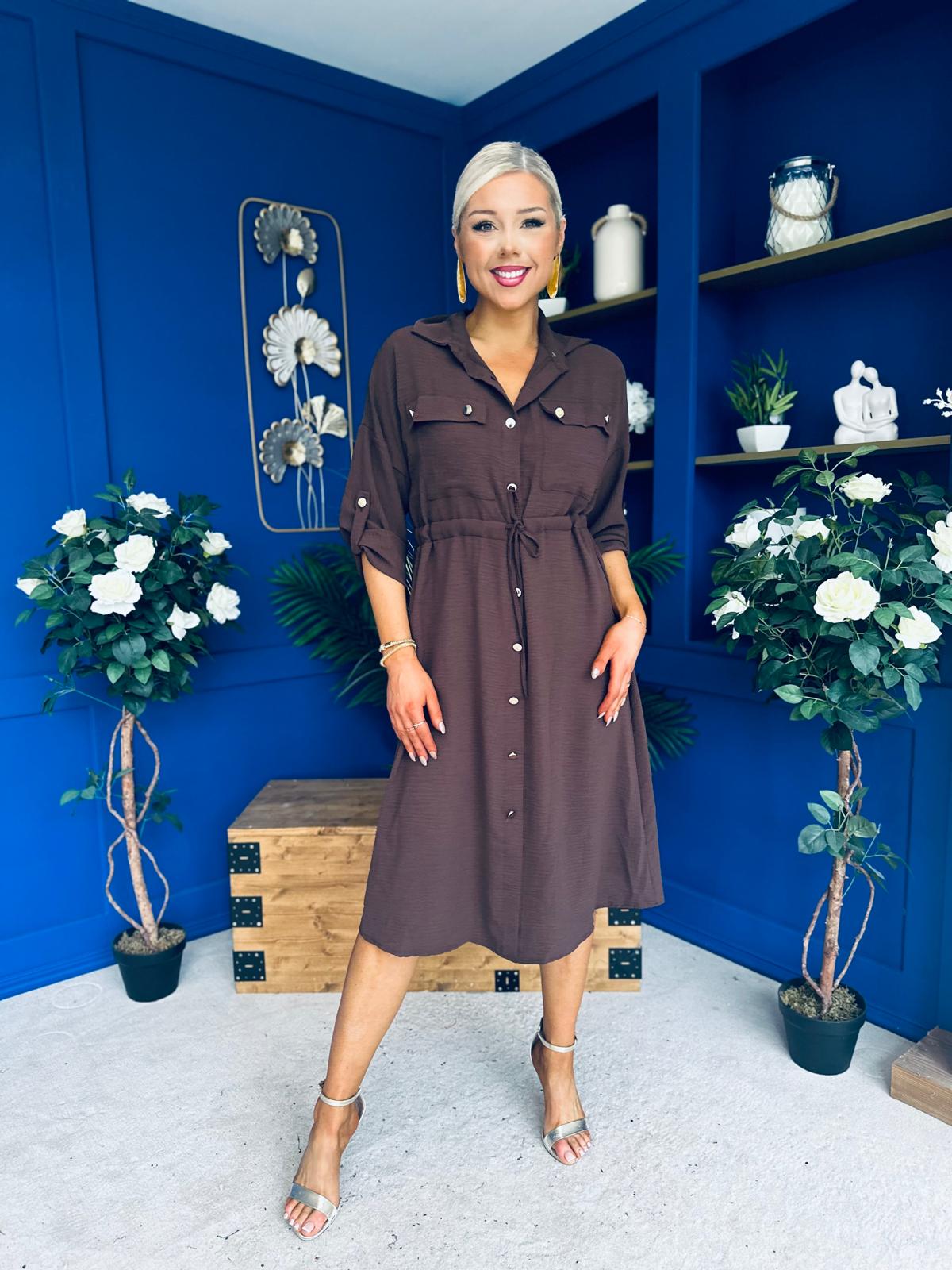 Kallie Button Detail Midi Dress Chocolate