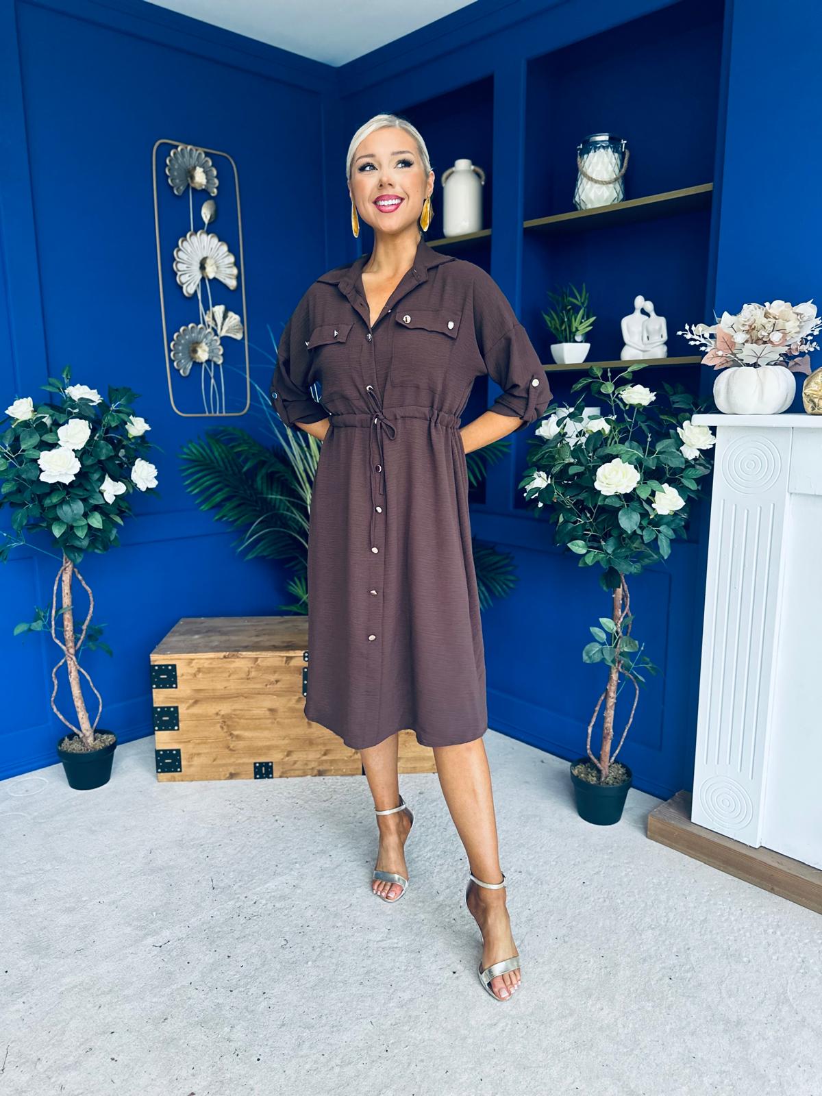 Kallie Button Detail Midi Dress Chocolate