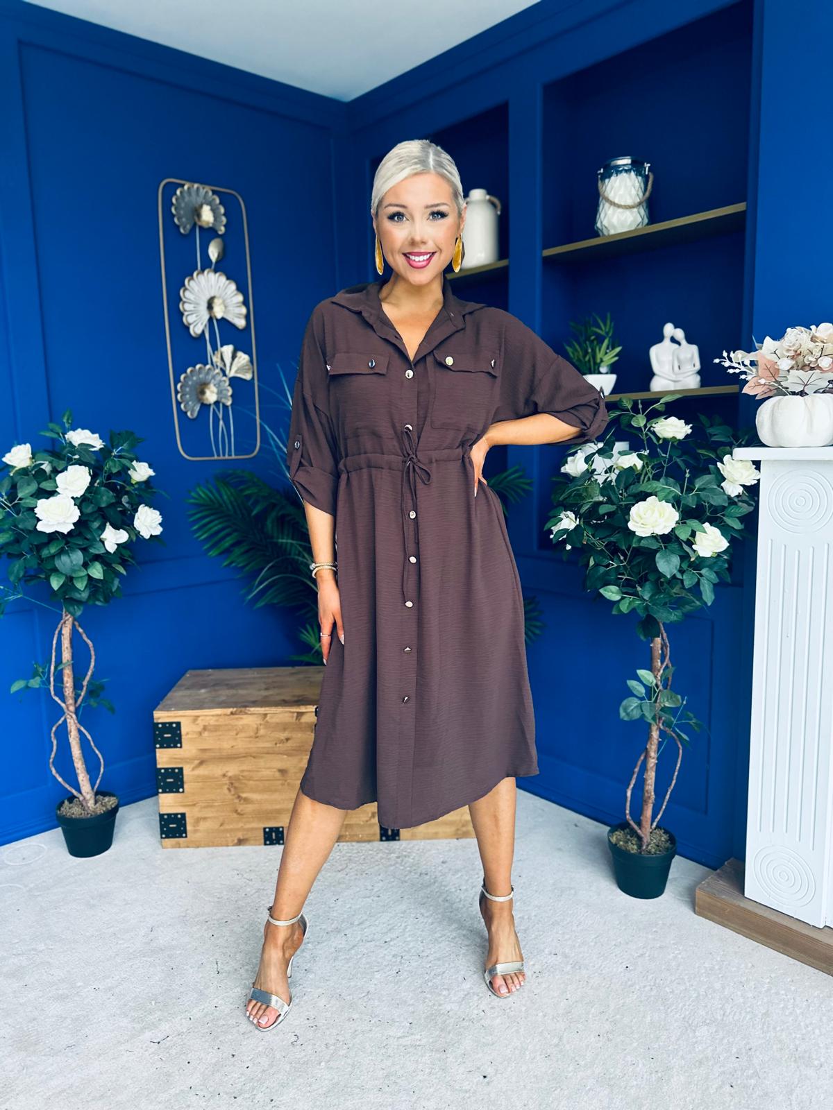 Kallie Button Detail Midi Dress Chocolate