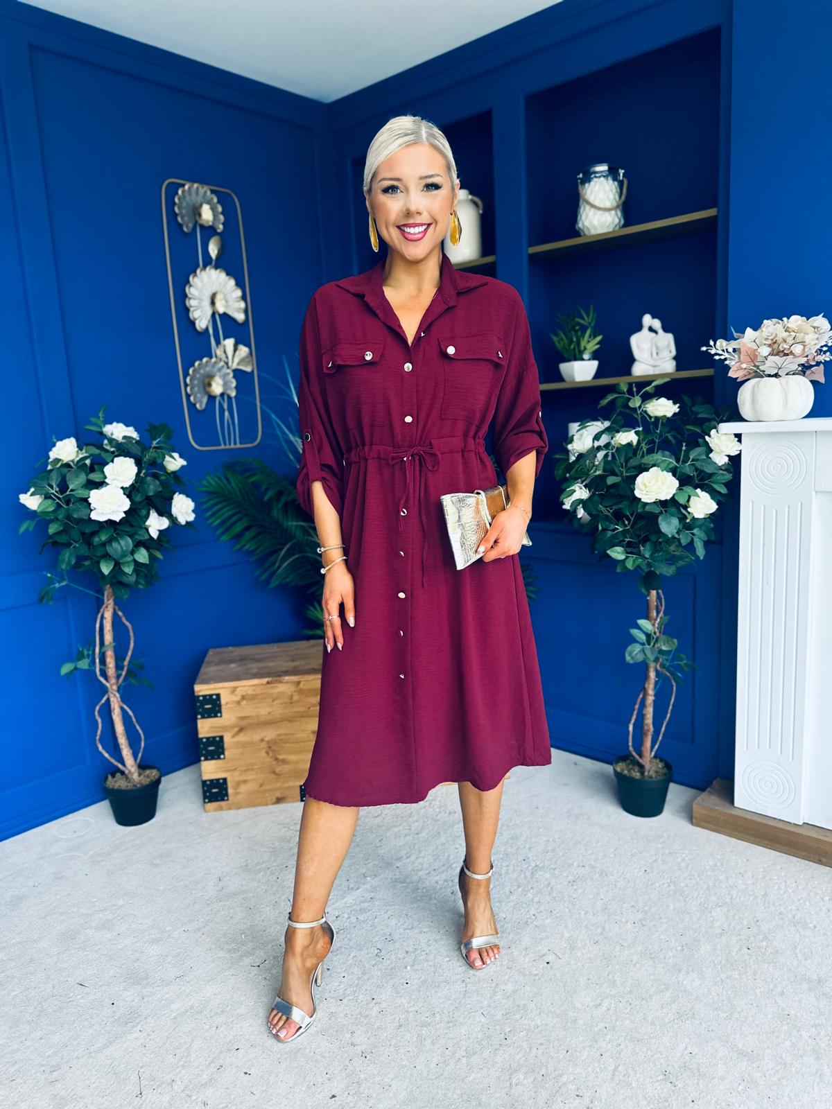 Kallie Button Detail Midi Dress Wine