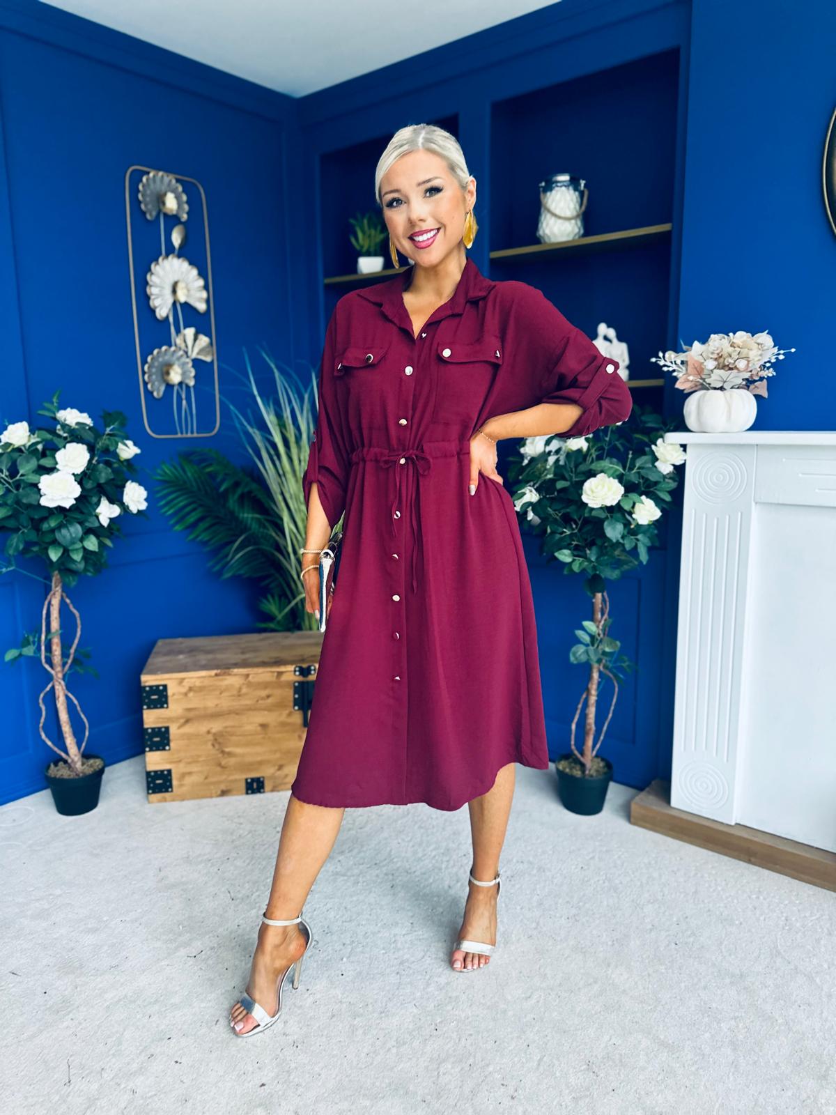 Kallie Button Detail Midi Dress Wine