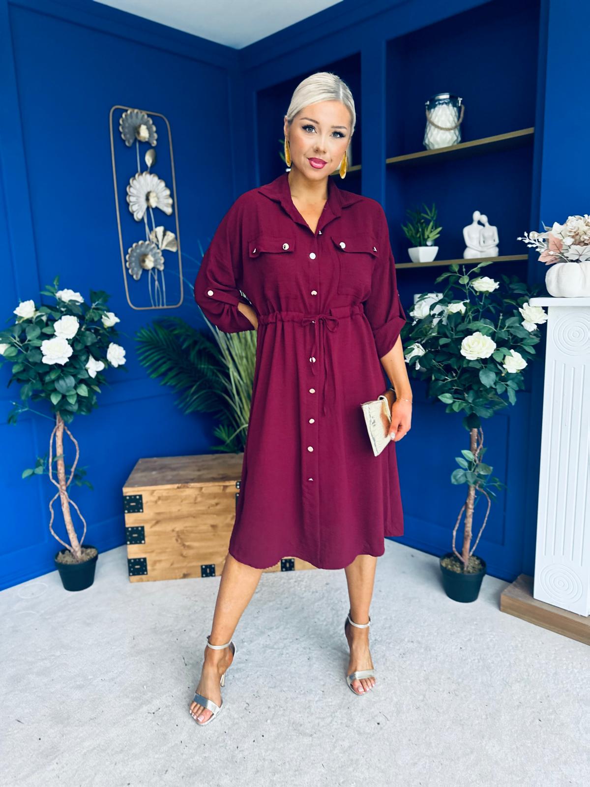 Kallie Button Detail Midi Dress Wine