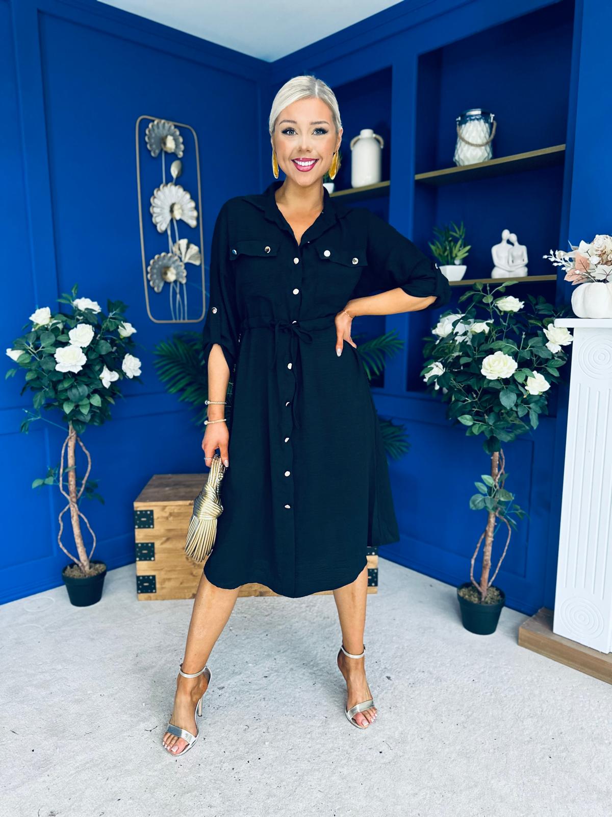 Kallie Button Detail Midi Dress Black