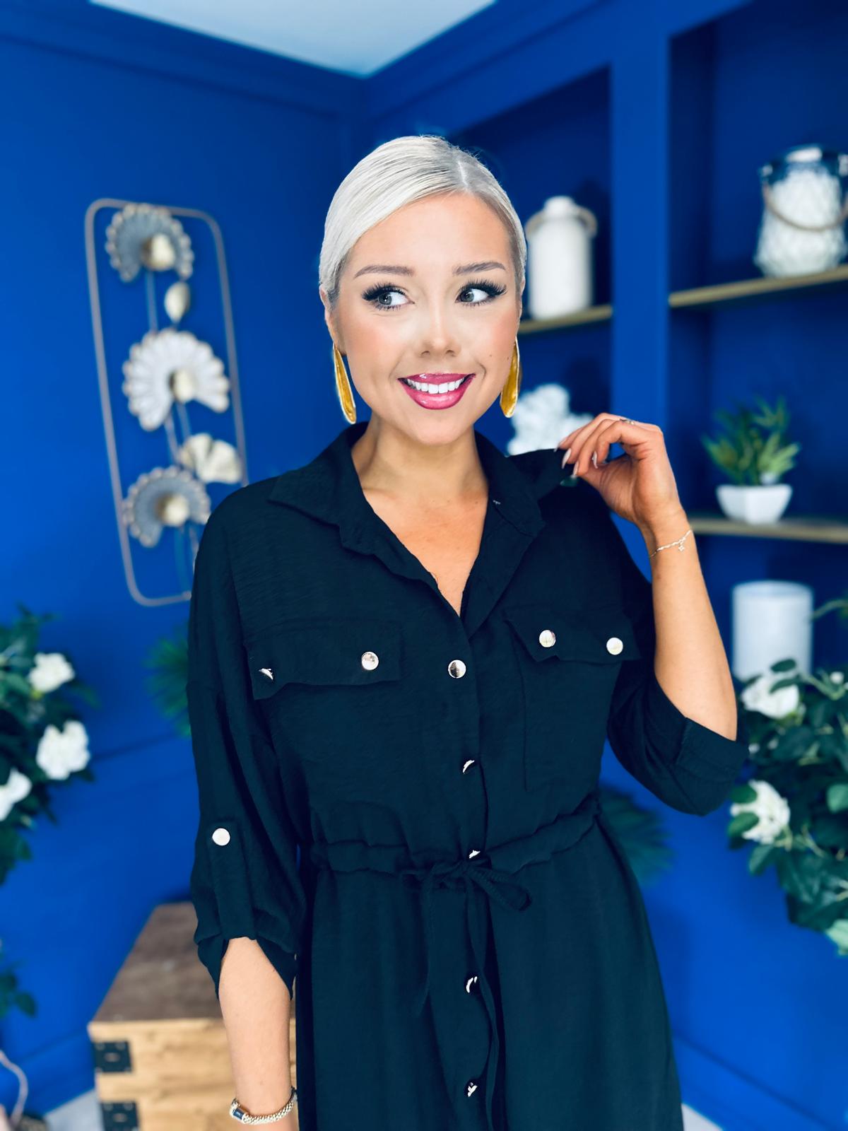 Kallie Button Detail Midi Dress Black