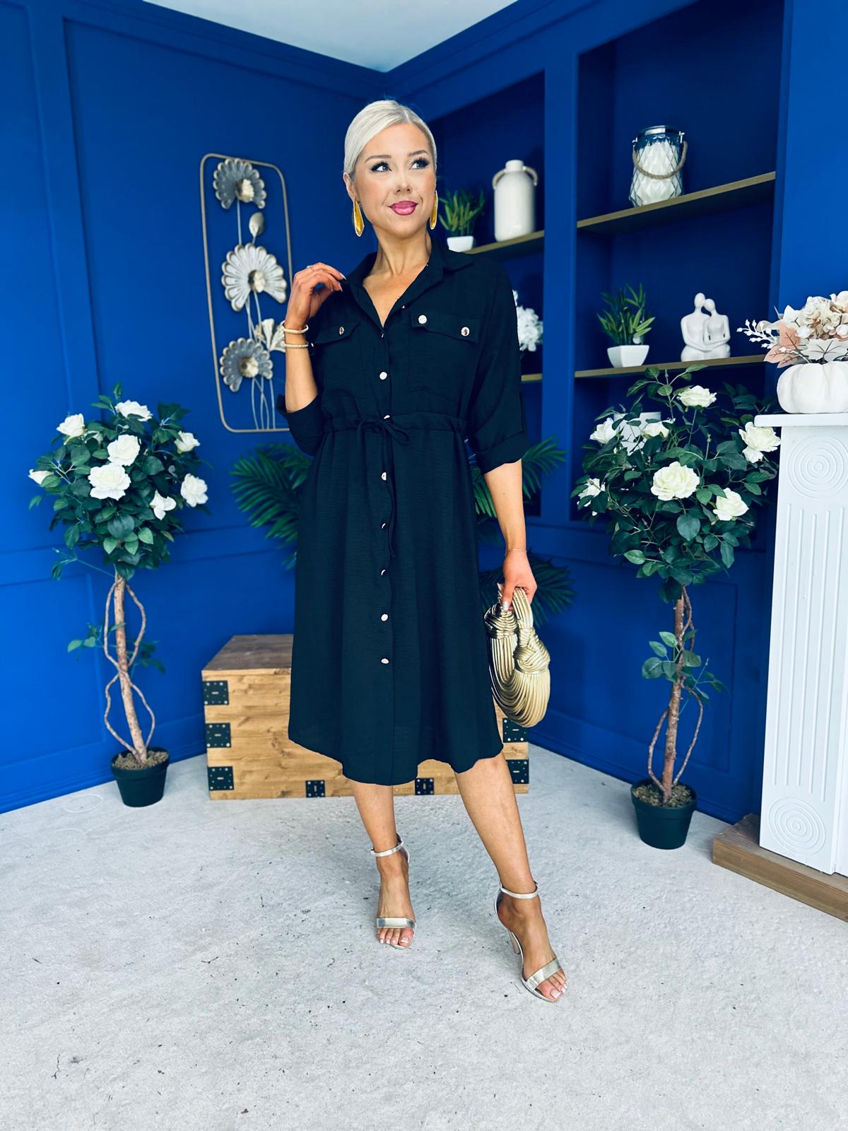 Kallie Button Detail Midi Dress Black