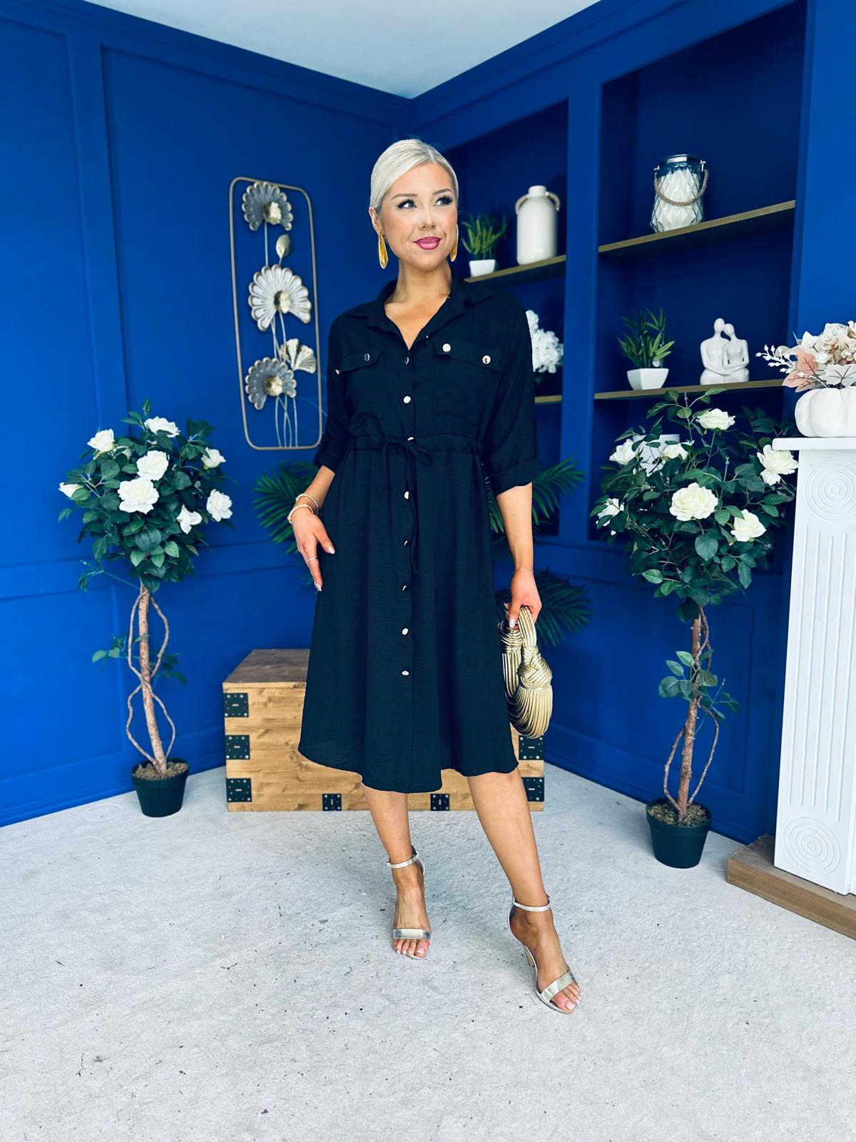 Kallie Button Detail Midi Dress Black