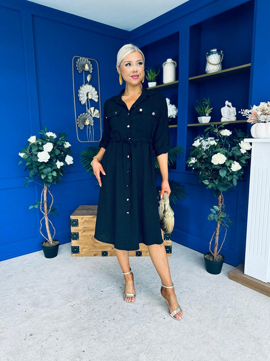 Kallie Button Detail Midi Dress Black