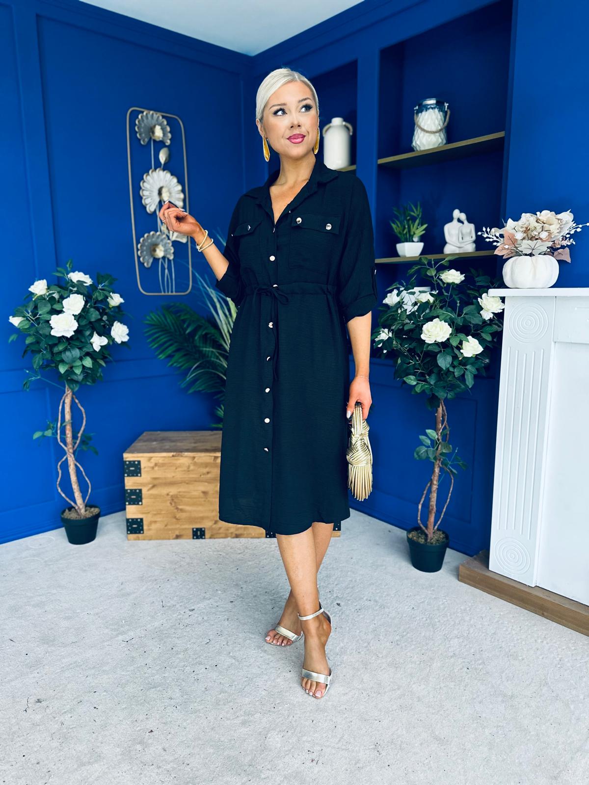 Kallie Button Detail Midi Dress Black