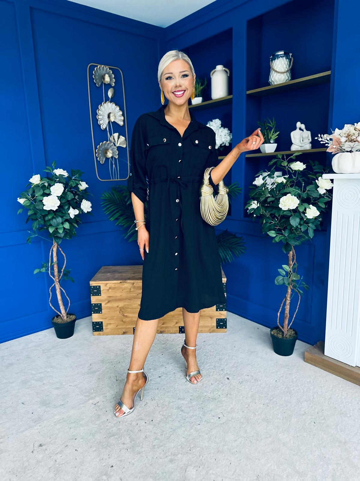 Kallie Button Detail Midi Dress Black