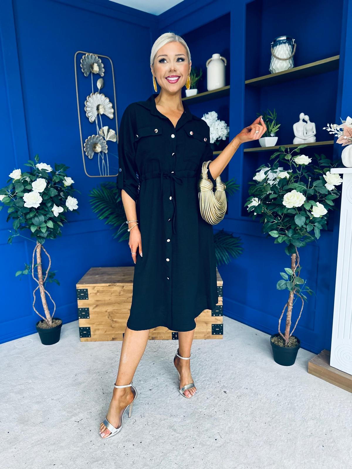 Kallie Button Detail Midi Dress Black