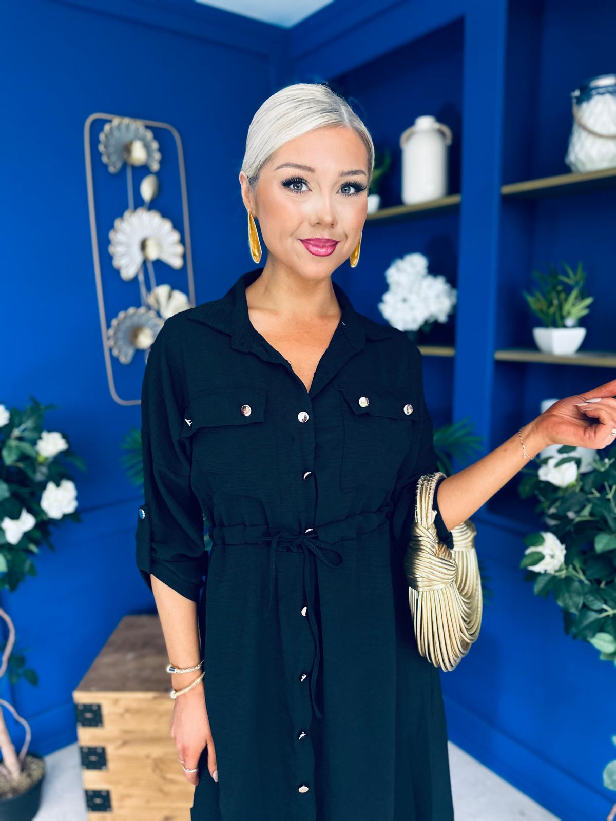 Kallie Button Detail Midi Dress Black