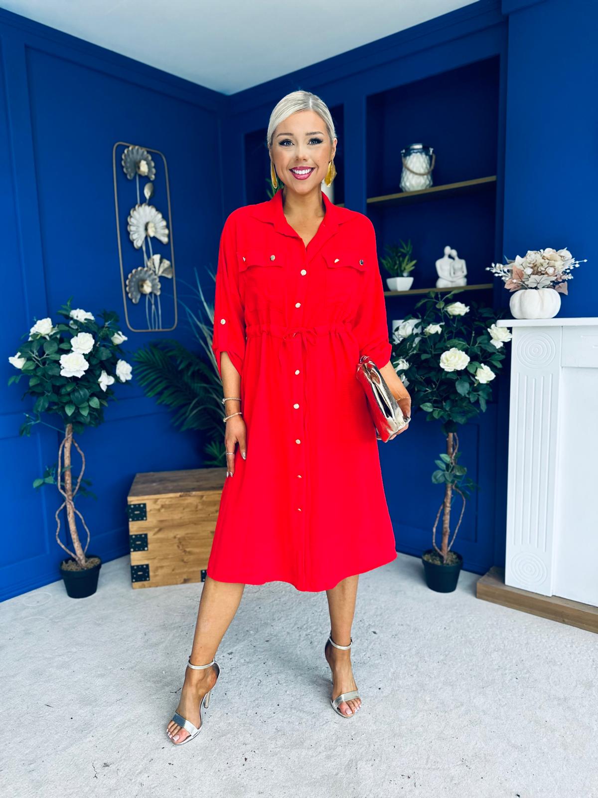 Kallie Button Detail Midi Dress Red