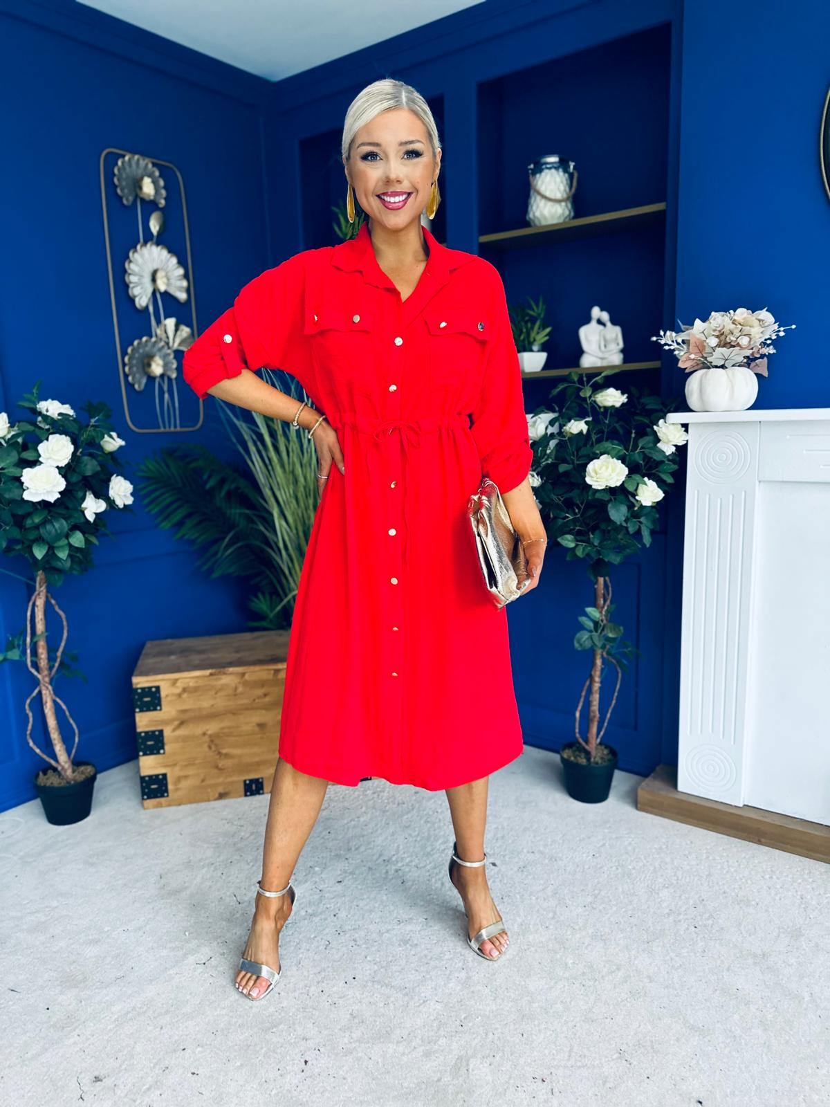 Kallie Button Detail Midi Dress Red