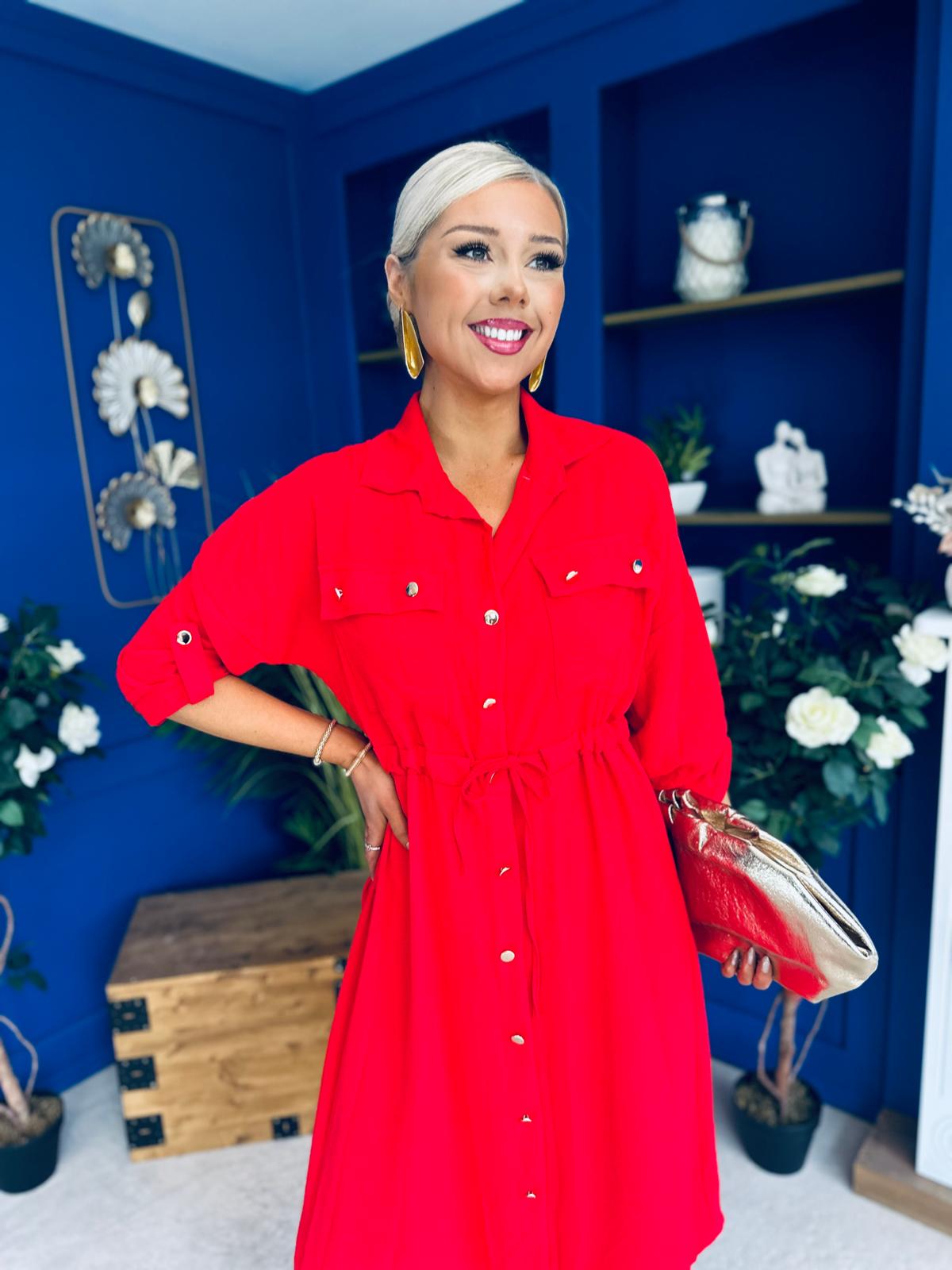 Kallie Button Detail Midi Dress Red