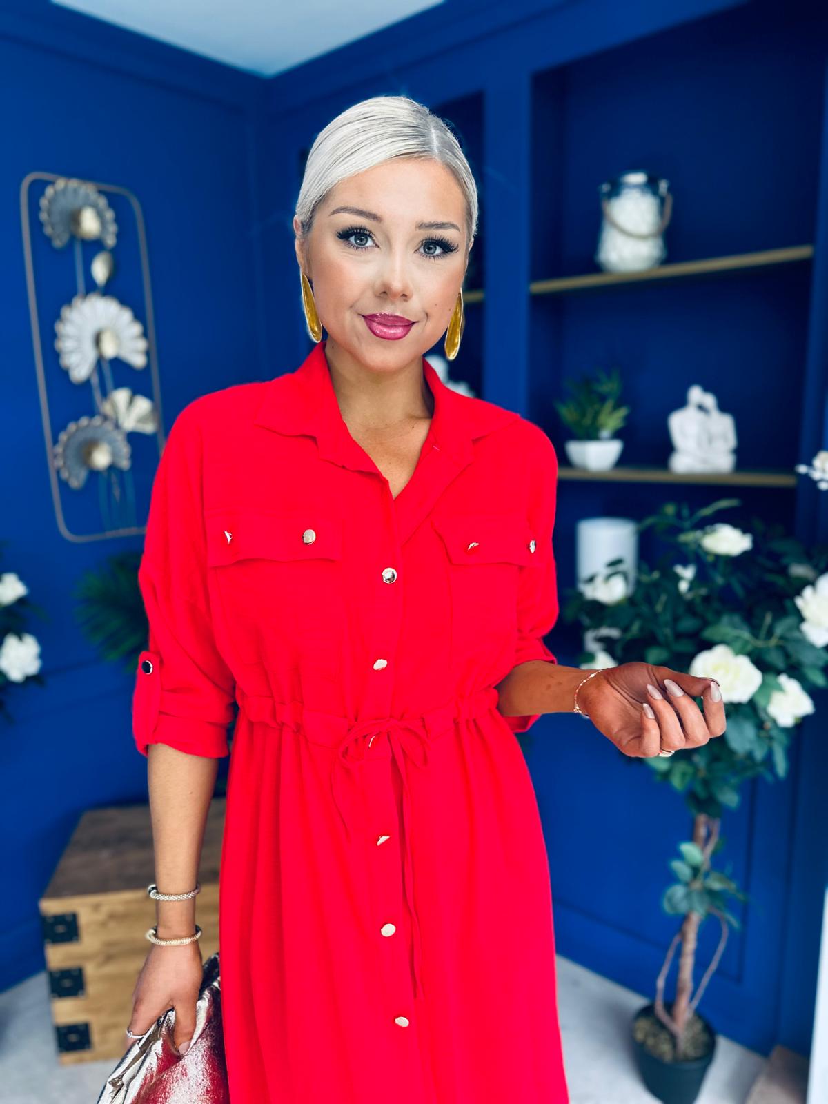 Kallie Button Detail Midi Dress Red