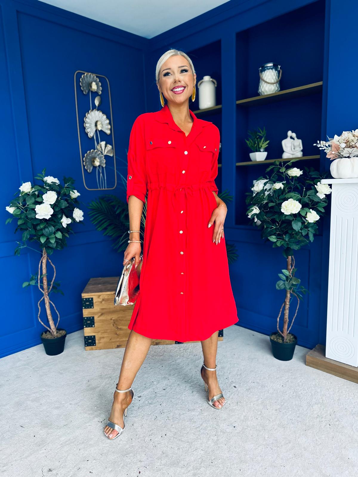 Kallie Button Detail Midi Dress Red