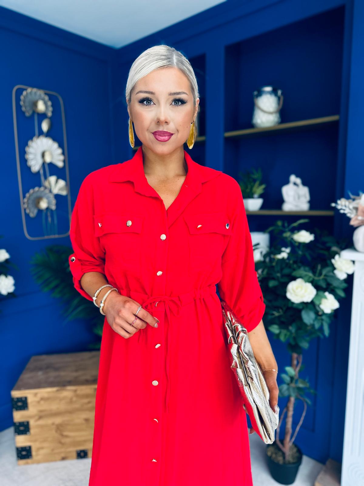 Kallie Button Detail Midi Dress Red