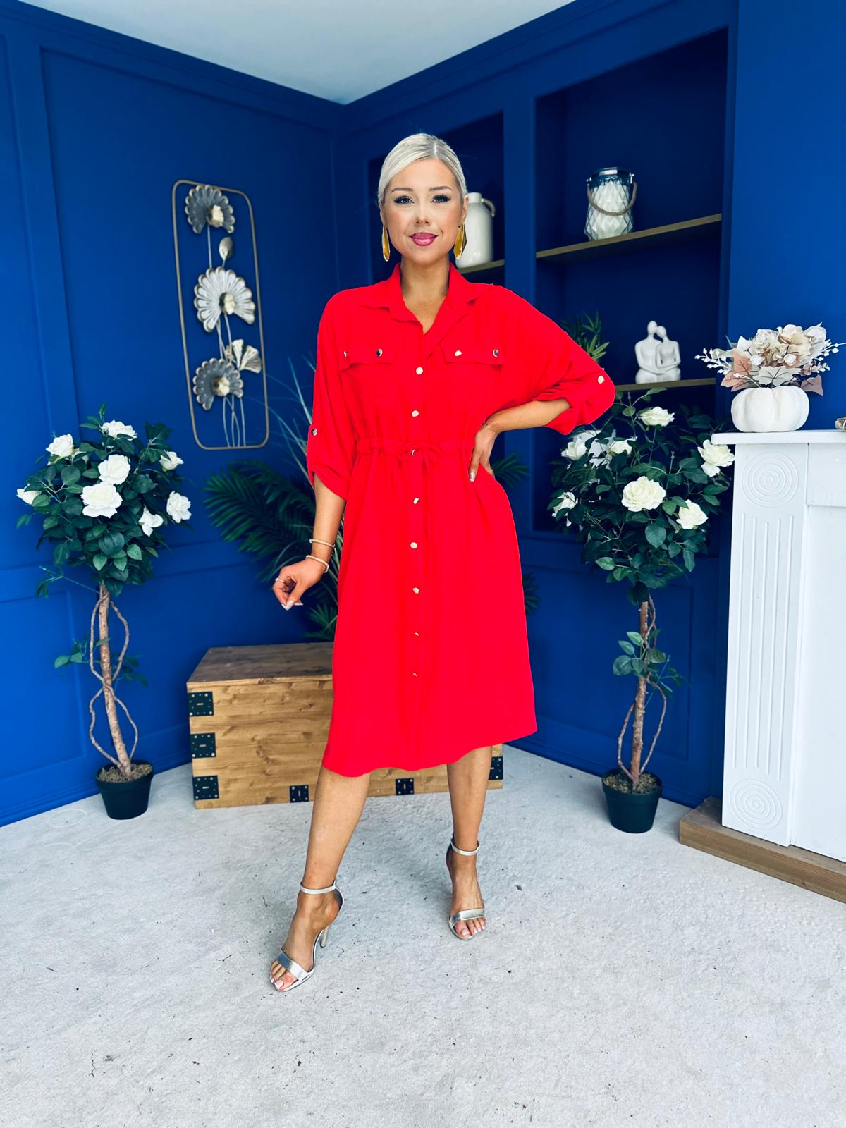 Kallie Button Detail Midi Dress Red