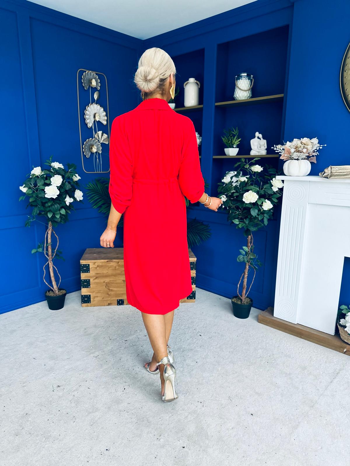 Kallie Button Detail Midi Dress Red