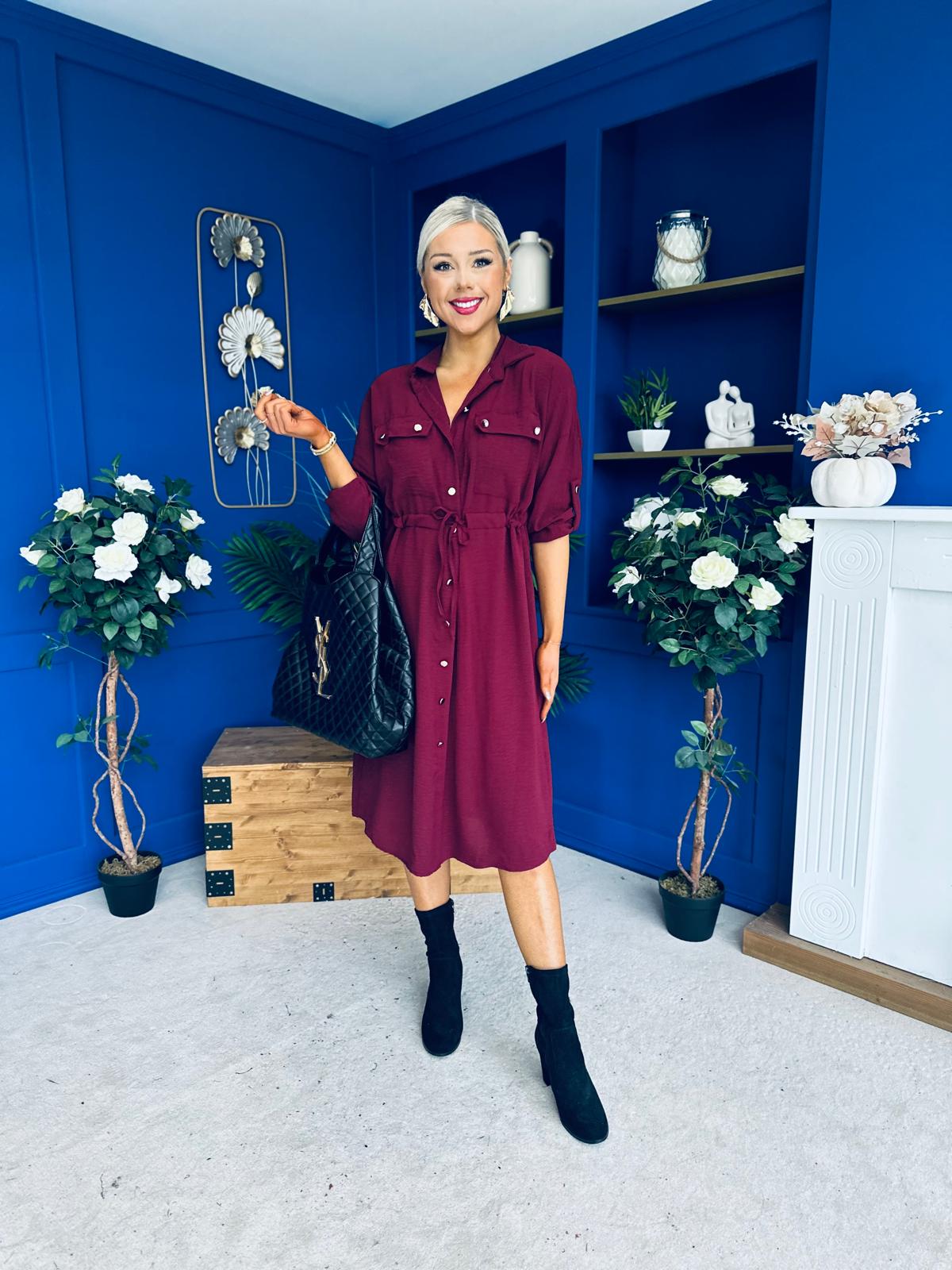 Kallie Button Detail Midi Dress Wine