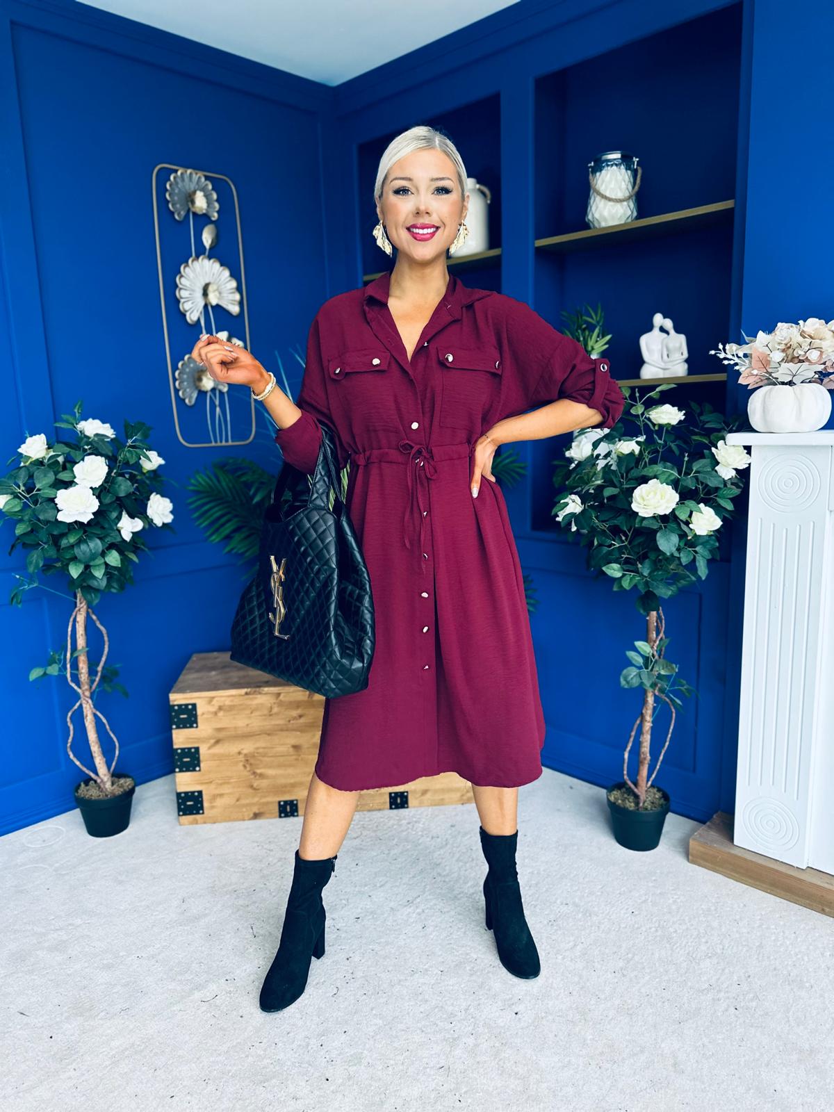 Kallie Button Detail Midi Dress Wine