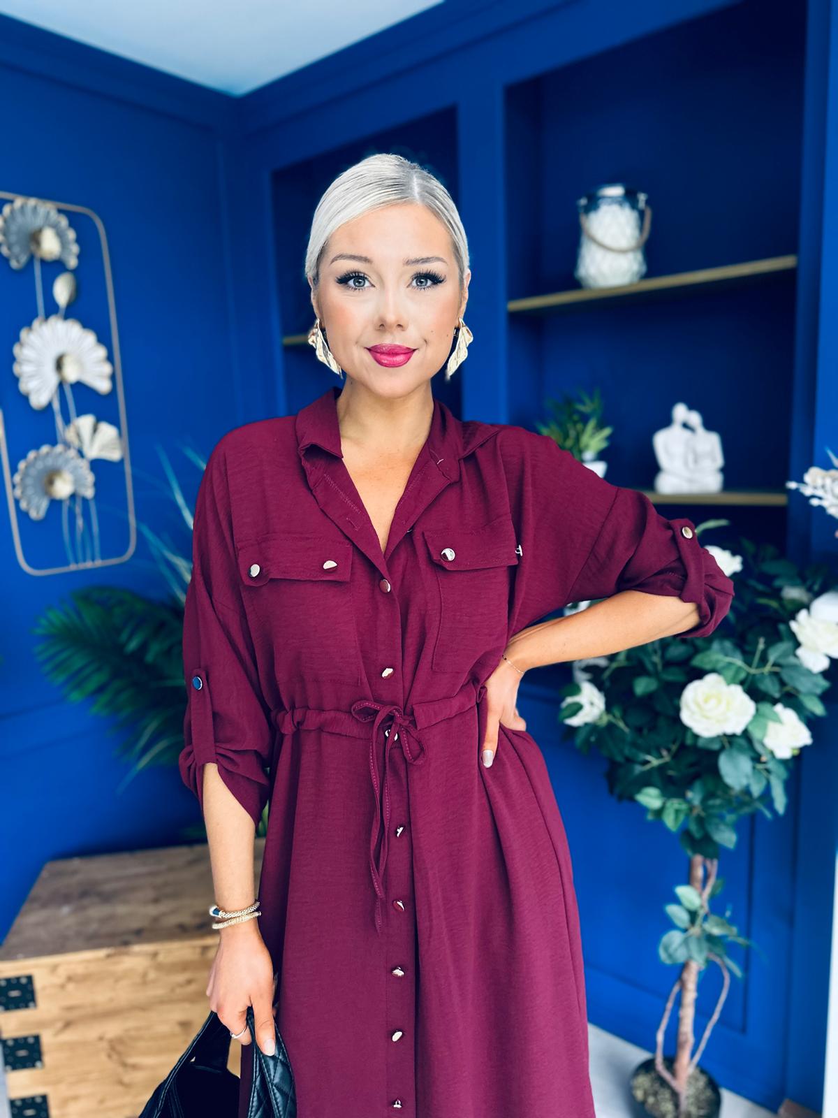 Kallie Button Detail Midi Dress Wine