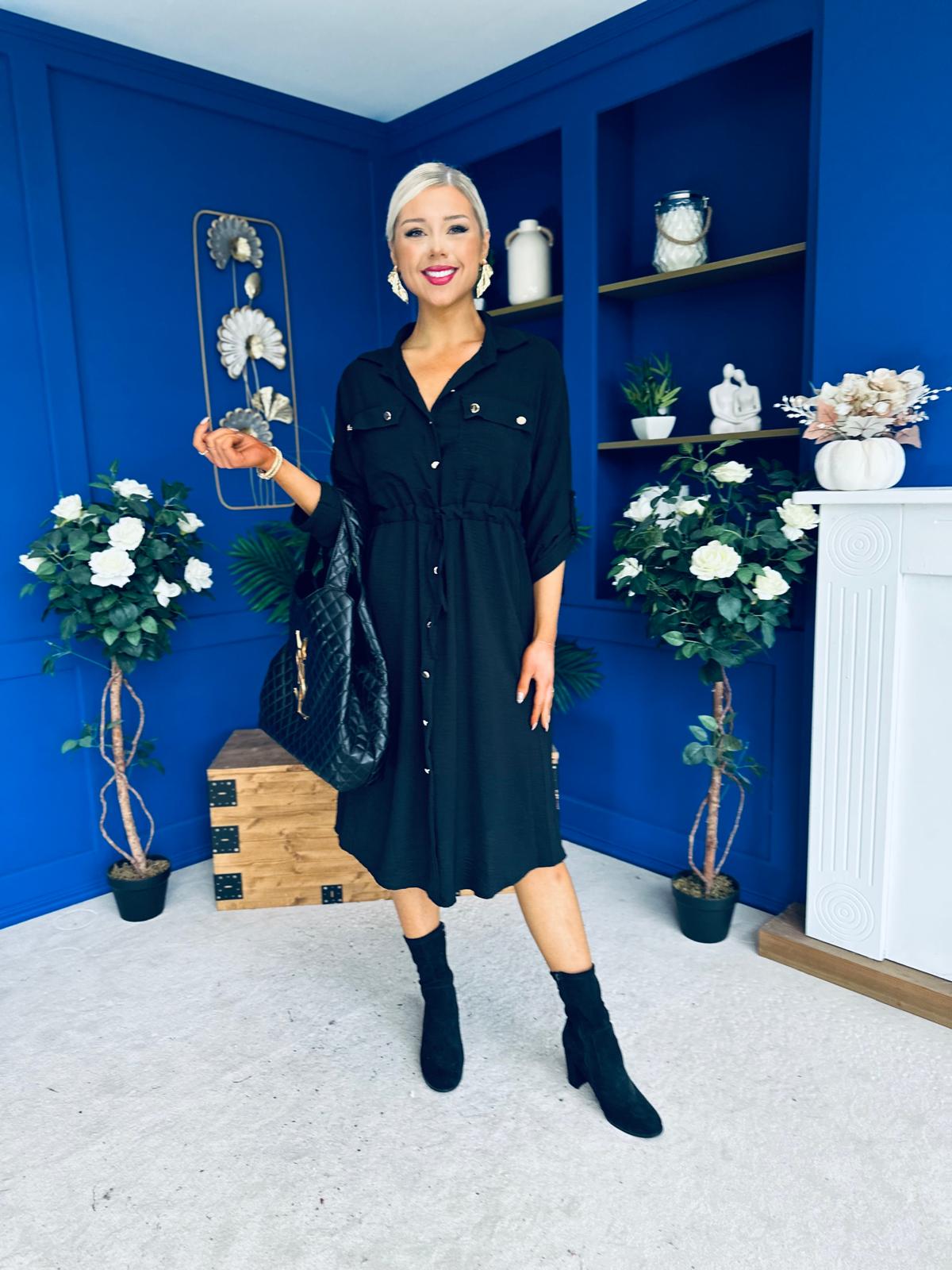 Kallie Button Detail Midi Dress Black