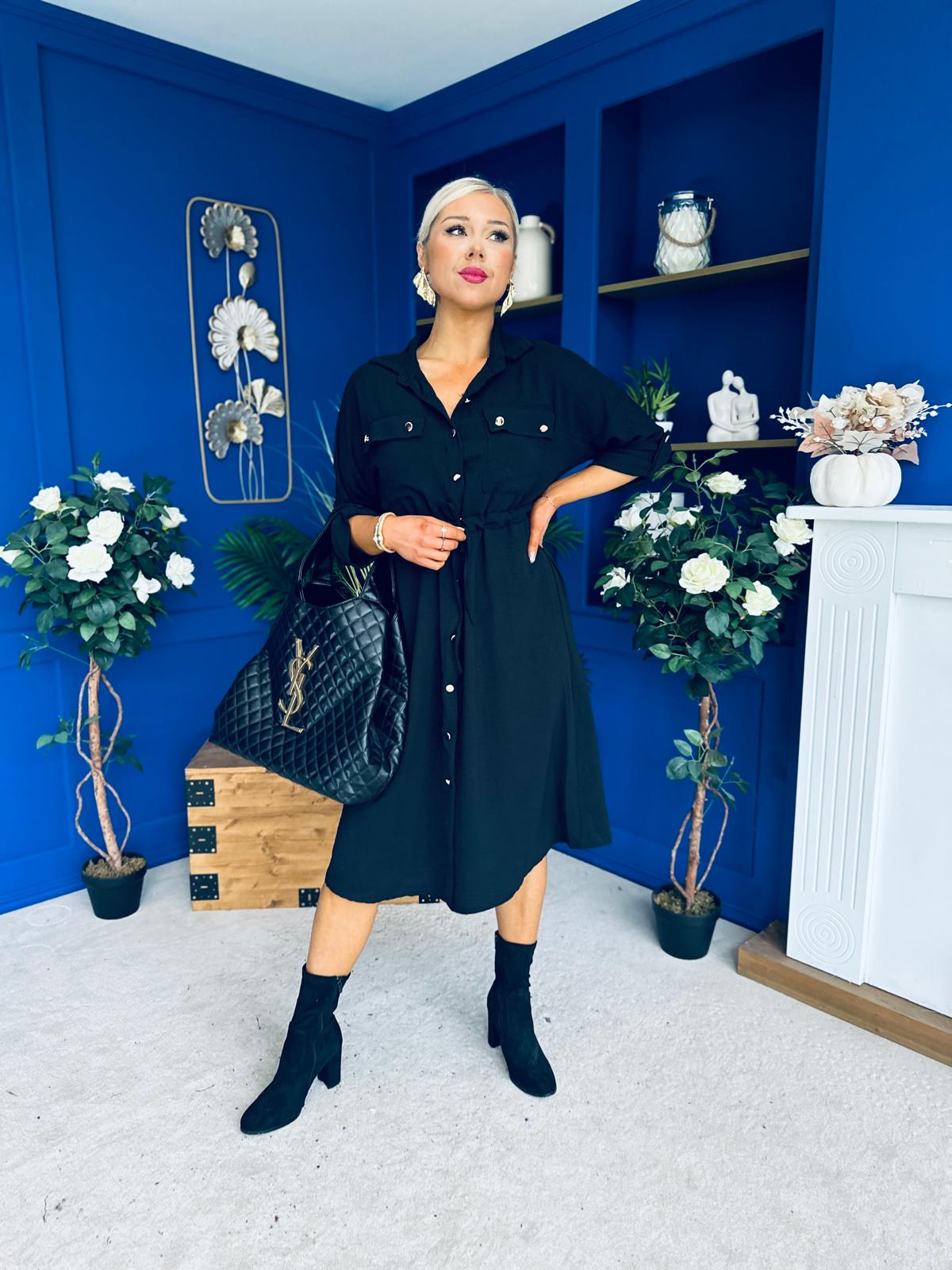 Kallie Button Detail Midi Dress Black