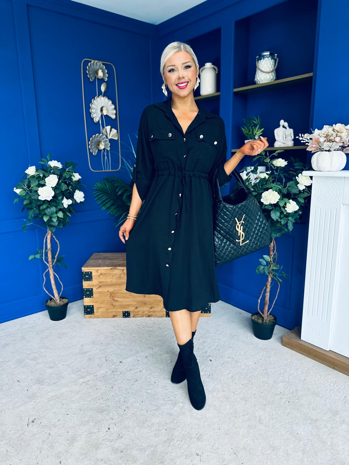 Kallie Button Detail Midi Dress Black