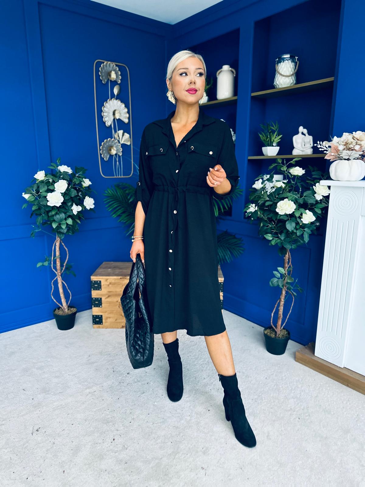 Kallie Button Detail Midi Dress Black