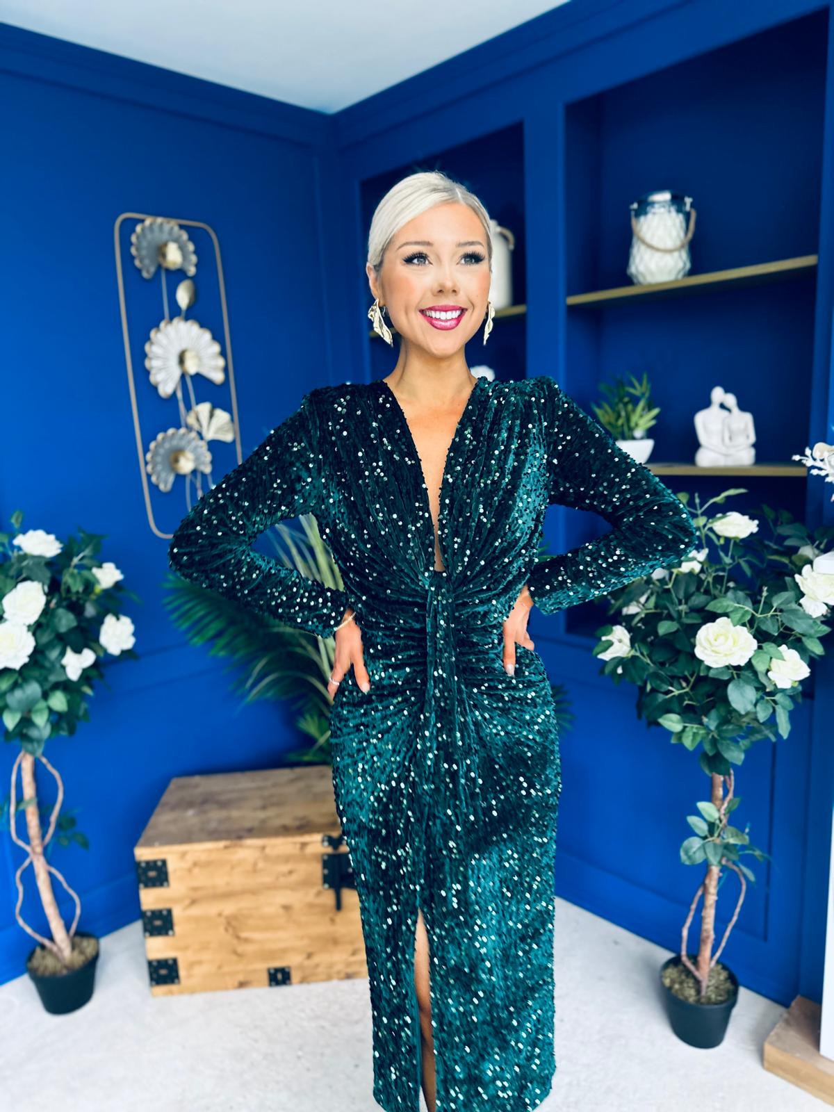 Darcy Sequin Occasion Midi Dress Forest