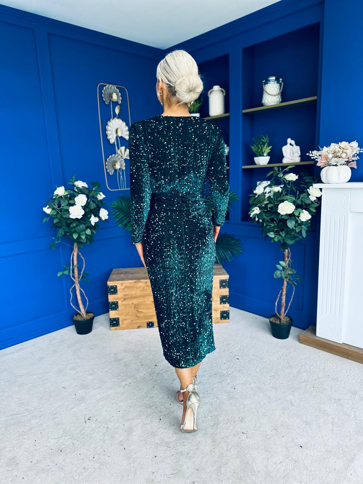 Darcy Sequin Occasion Midi Dress Forest